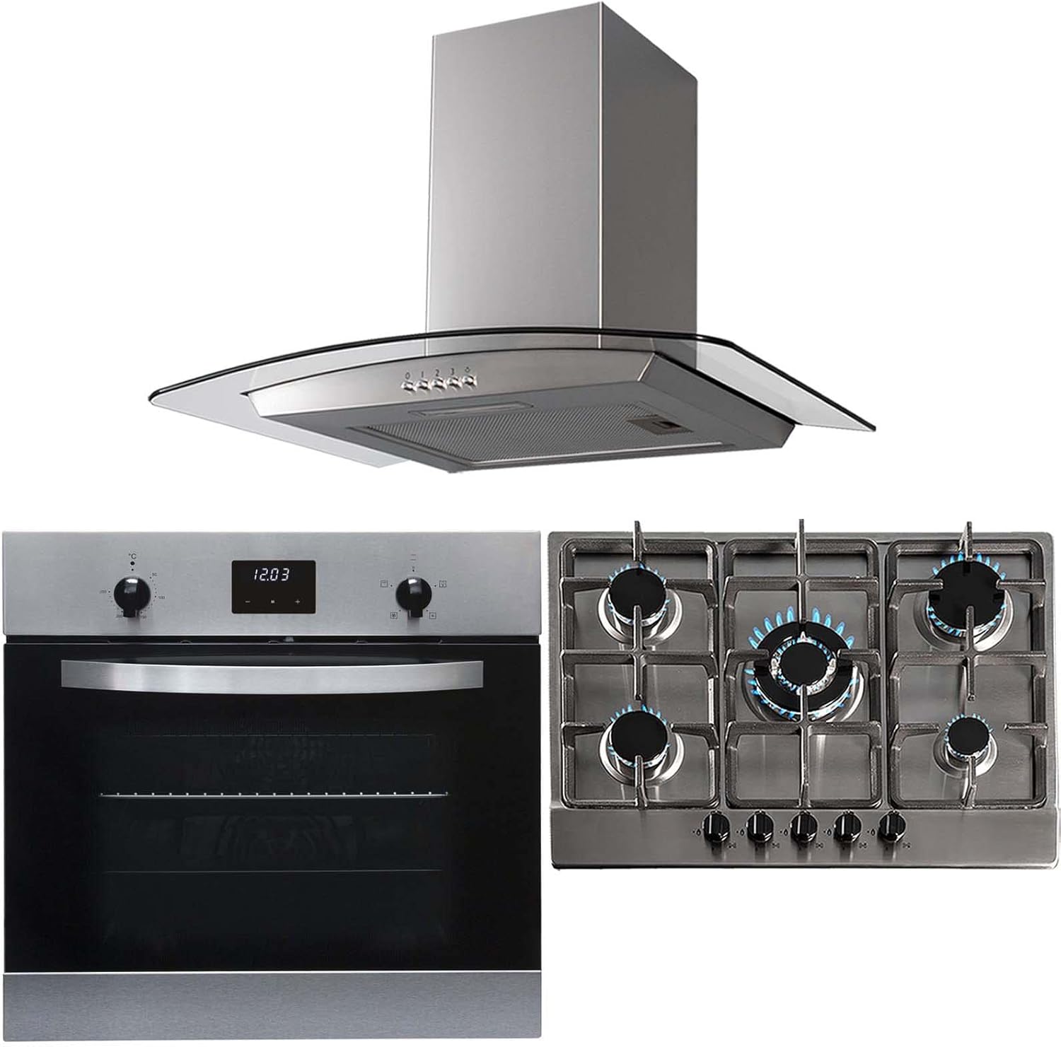 SIA 60cm Stainless Steel Electric Single Oven, 70cm Gas Hob And Curved Hood Fan.