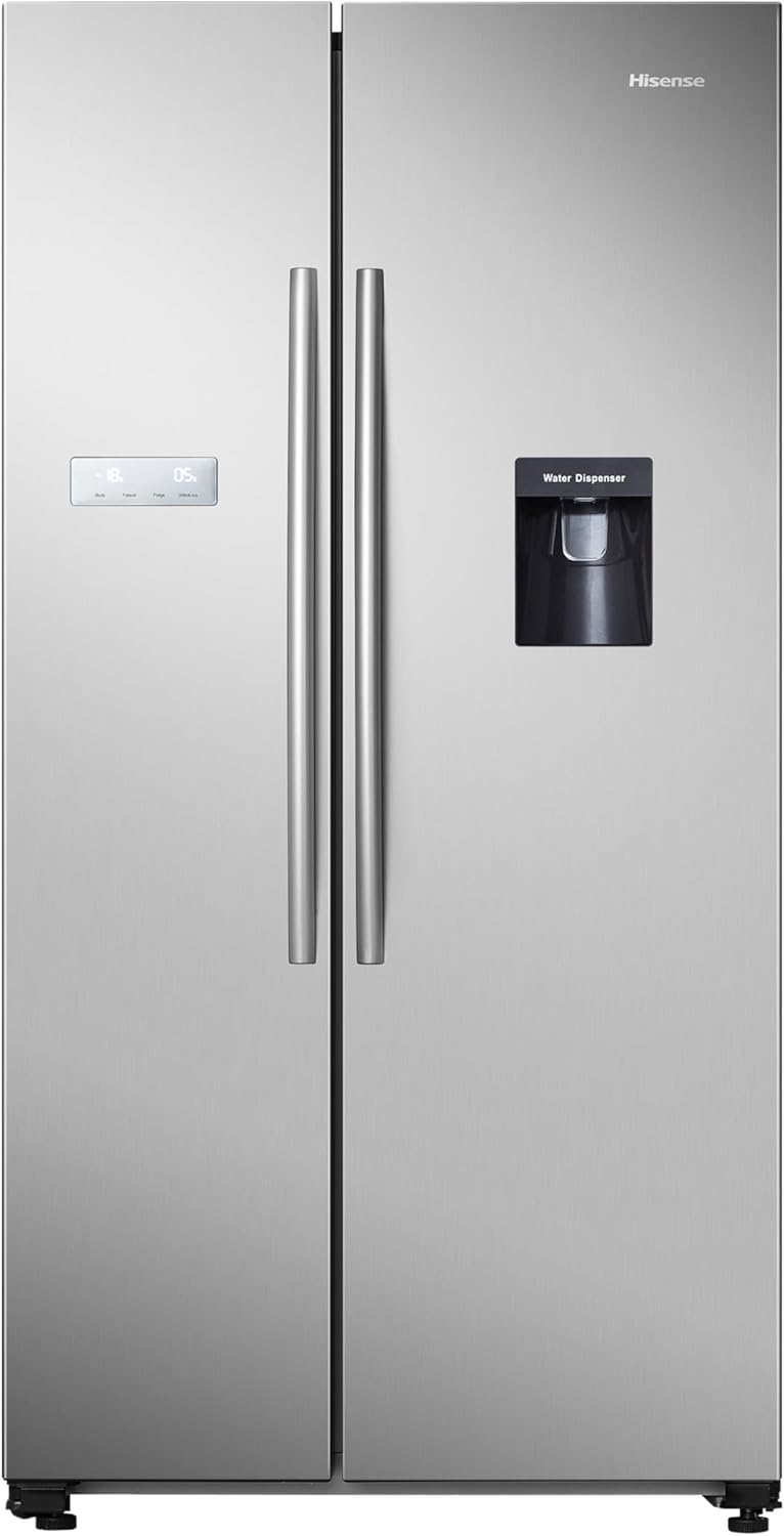 Hisense RS741N4WCE Freestanding American Side by side Door American Fridge Freezer 578 litre, Black, with Non-Plumbed Water Dispenser, Silver, 90.8 × 179.3 × 74.3 cm (W×H×D).