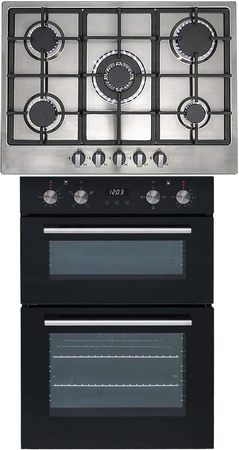 SIA 60cm Black Double Built In Oven And Stainless Steel 70cm 5 Burner Gas Hob.