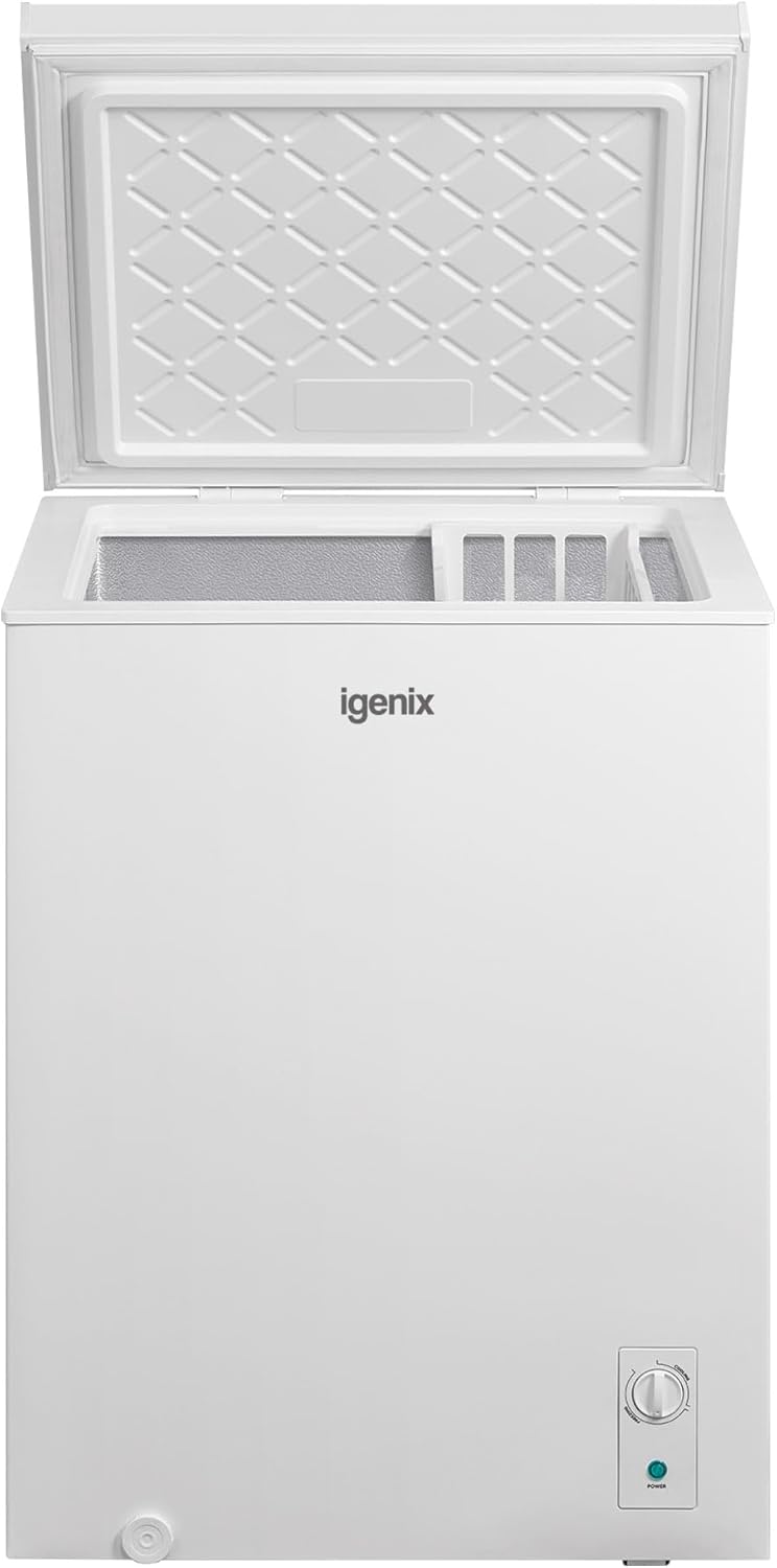 Igenix IGCF0198W Freestanding Chest Freezer 198 Litre Capacity with Freezer Basket, Suitable for Outbuildings and Garages, White.