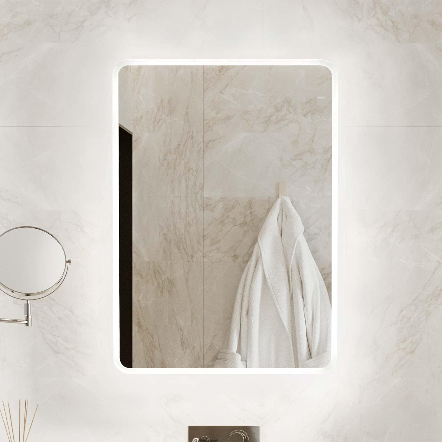 Pebble Grey™ Globe Illuminated LED Bathroom Mirror with Heated Demister Mirror Pad | Motion Sensor Switch | 390 x 500 | Rotatable | IP44 Rated.