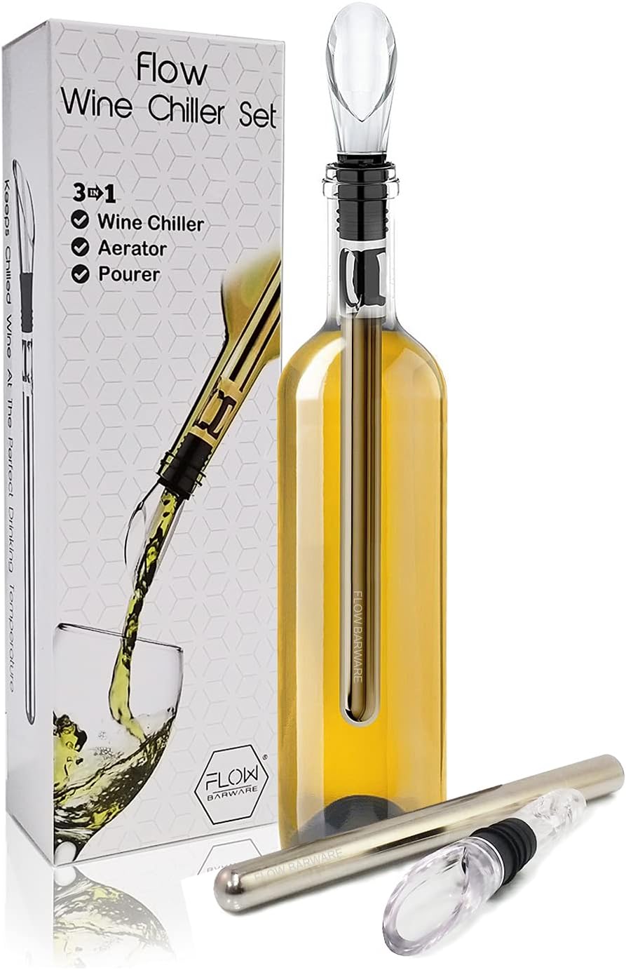 FLOW Barware Wine Cooler | 3-in-1 Wine Cooler Stick, Wine Aerator & Drip Free Wine Pourer | Steel Wine Chiller Rod A Wine Bottle Cooler & Wine Chilling Rod with Pourer.