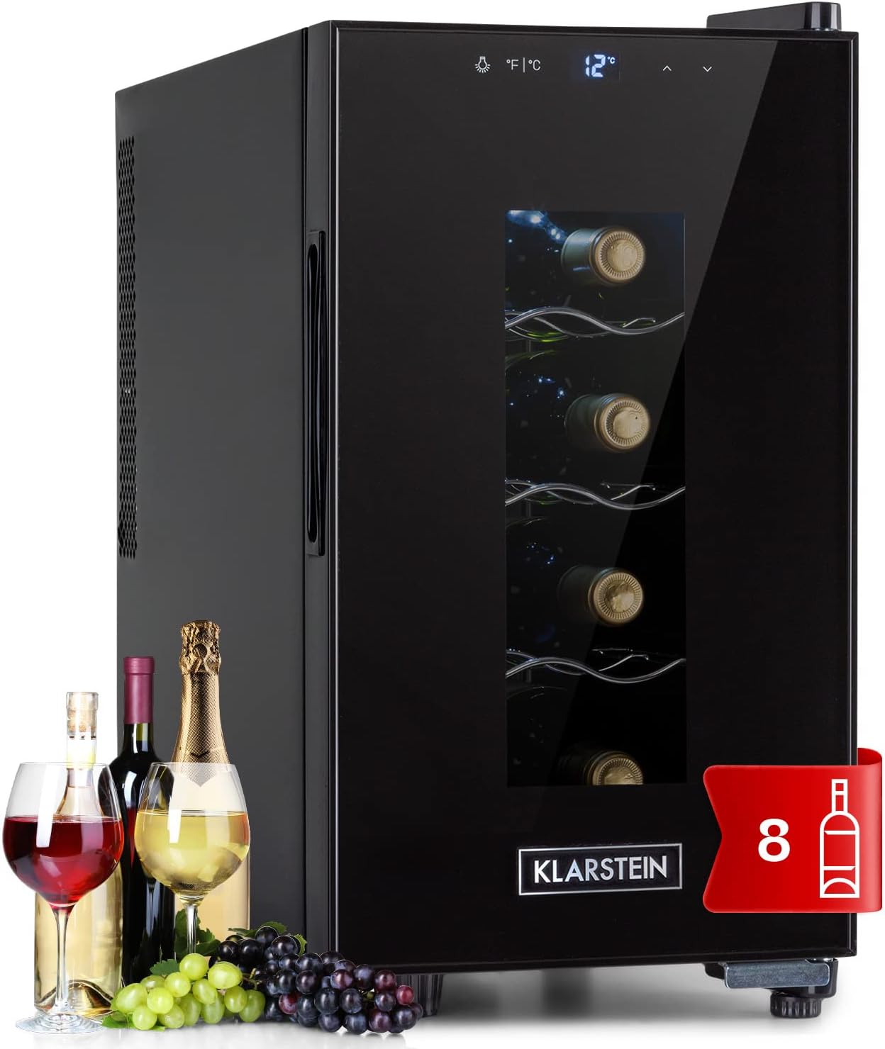 KLARSTEIN Free-standing Wine Cooler Drinks Fridge, Single Zone Wine Fridges Drinks Cooler, Indoor/Outdoor Small Beer Fridge with Glass Door, UV Protection Refrigerator w/Touch Pad, 4-22°C, 8 Bottles.