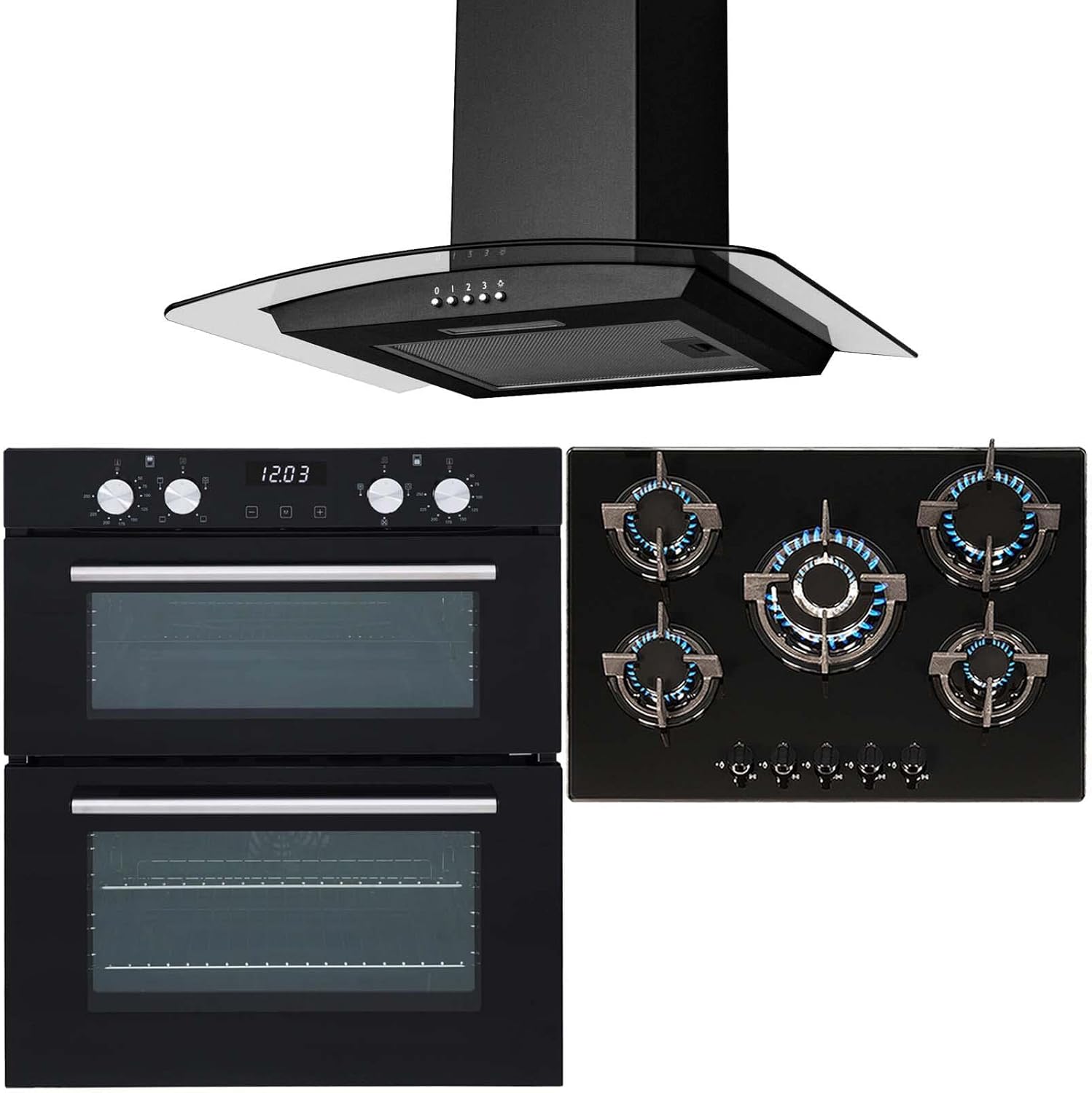 SIA Double Built Under Electric Fan Oven, 5 Burner Gas Hob And Curved Glass Hood.