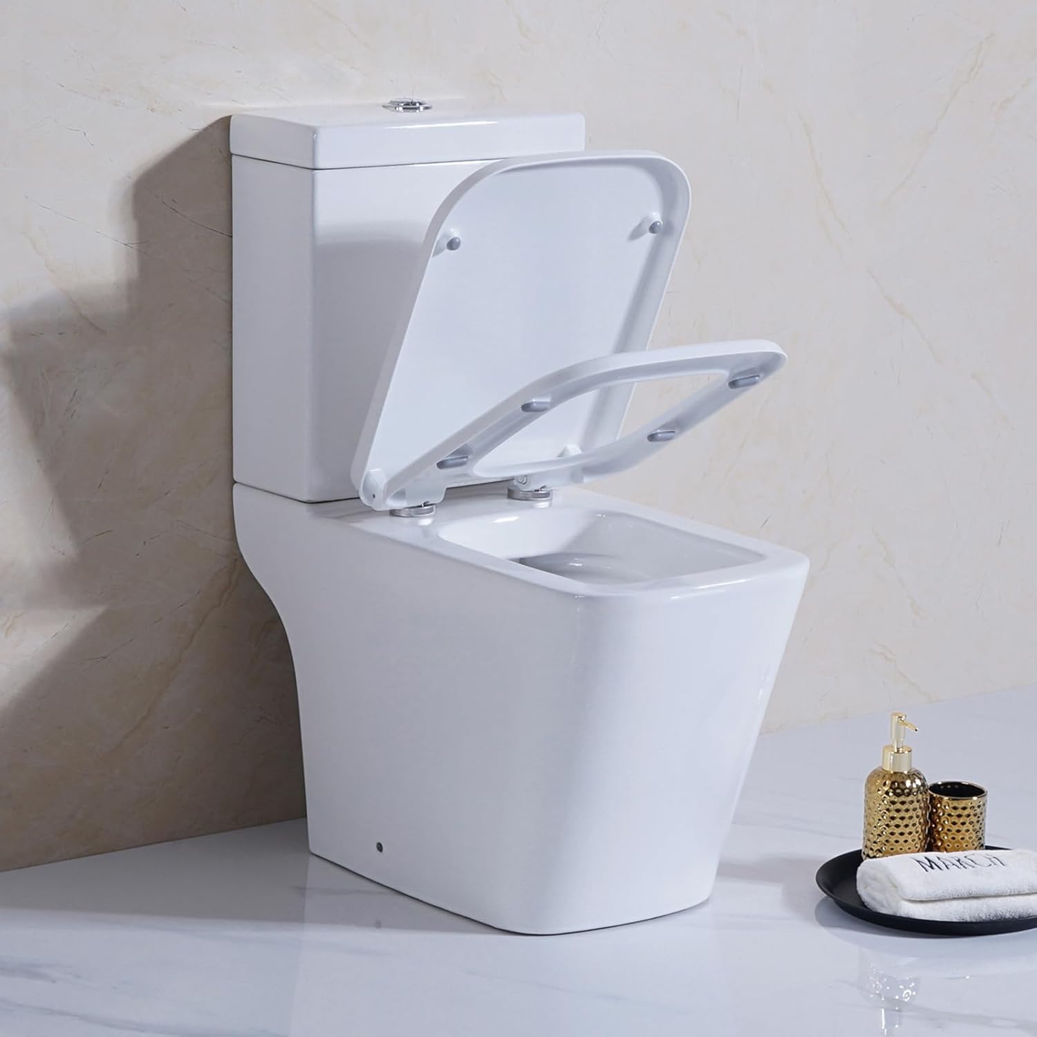 Rimless Close Coupled Toilet Comfort Height Bathroom Toilets Back to Wall White Ceramic WC Pan & Dual Flush Cistern Soft Close Seat Modern Square Open Back Flush Toilet.