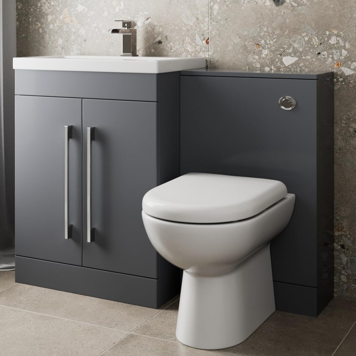 Aurora® 1100mm Combination Vanity Unit Furniture Set, Wash Basin Bathroom Sink, BTW Toilet Pan & Soft Close Seat, Storage Cabinet, Reversible, Charcoal Grey.