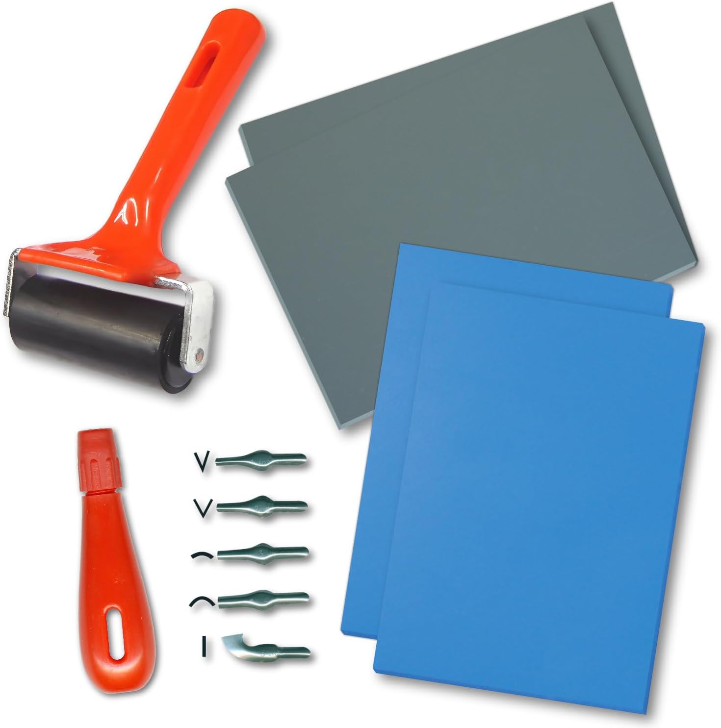 Essential Arts Polymer Block Lino Relief Printing Starter Kit – 4 x Sheets of Soft Polymer Blocks, Brayer Roller, Handle and 5 x Cutters.