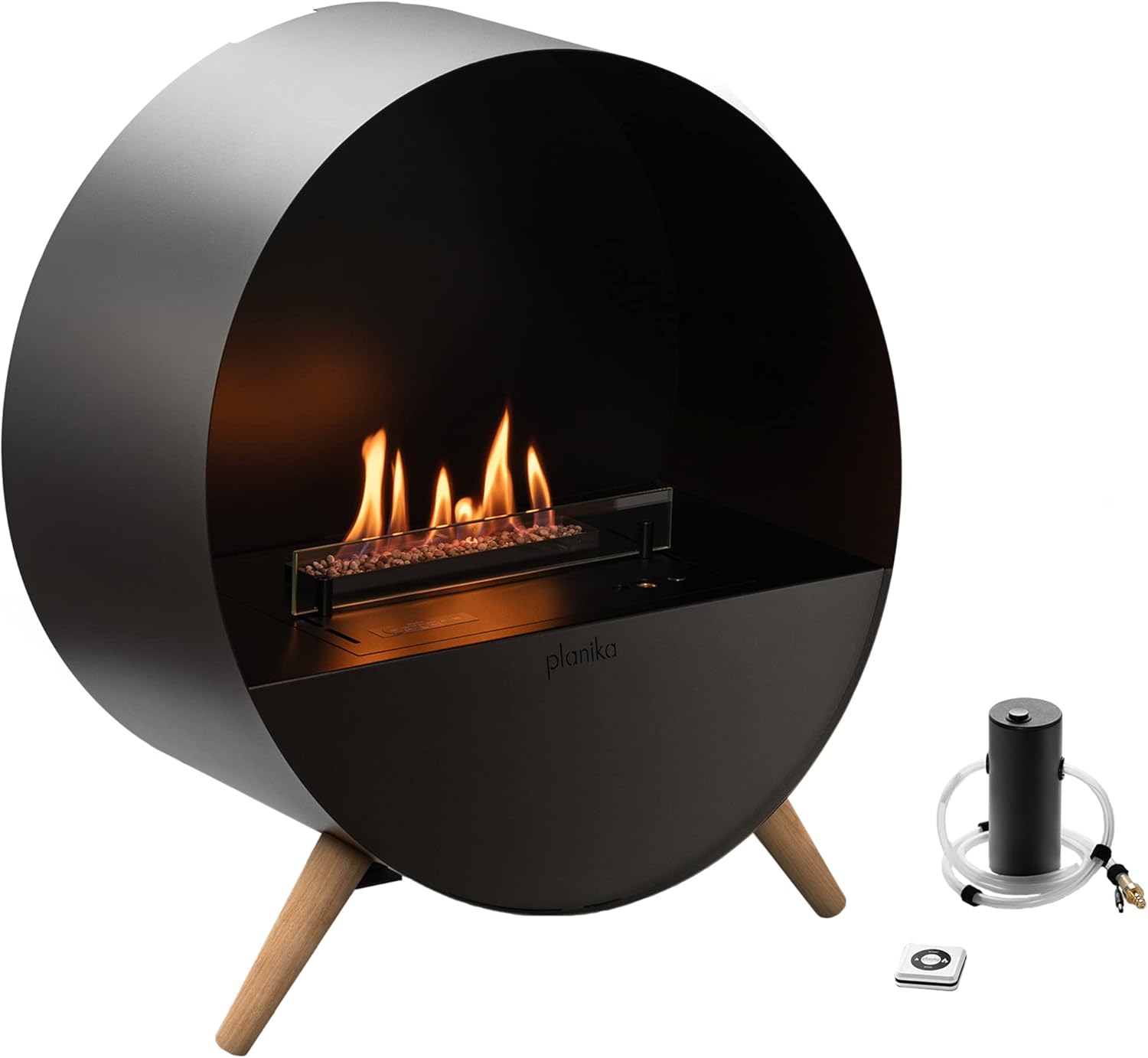 Planika - Bubble Wall & Floor - Freestanding Smart Ethanol Fireplace - Ventless, Remote Control, Clean-Burning, Automatic Refueling, Stainless Steel, Black.