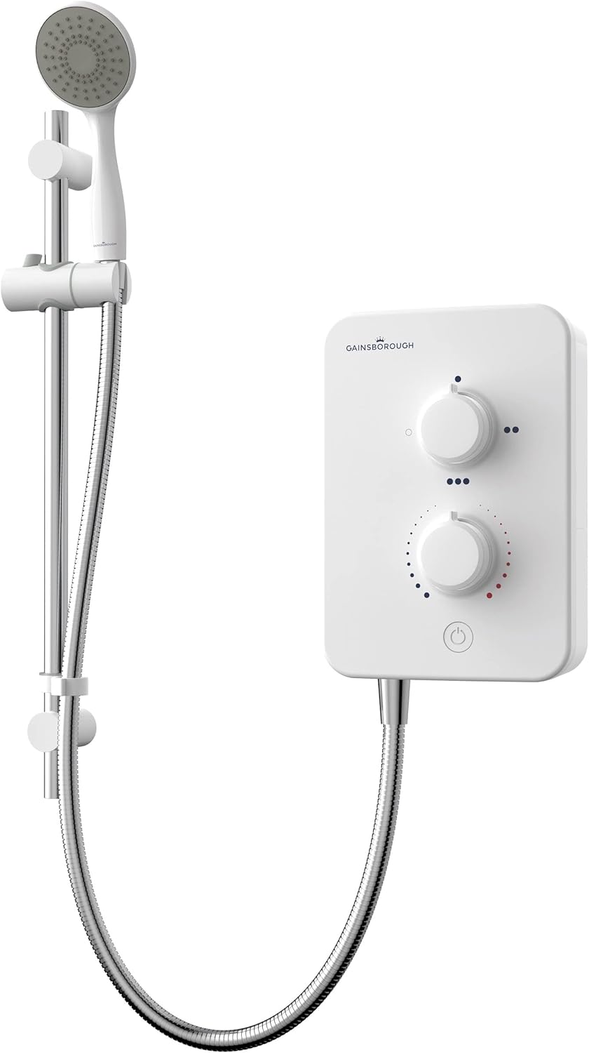 Gainsborough Slim Mono 8.5kW Electric Shower White Single 1 Spray Mode Head Adjustable Handset with Hose Rub Clean Nozzles Bathroom IPX4.