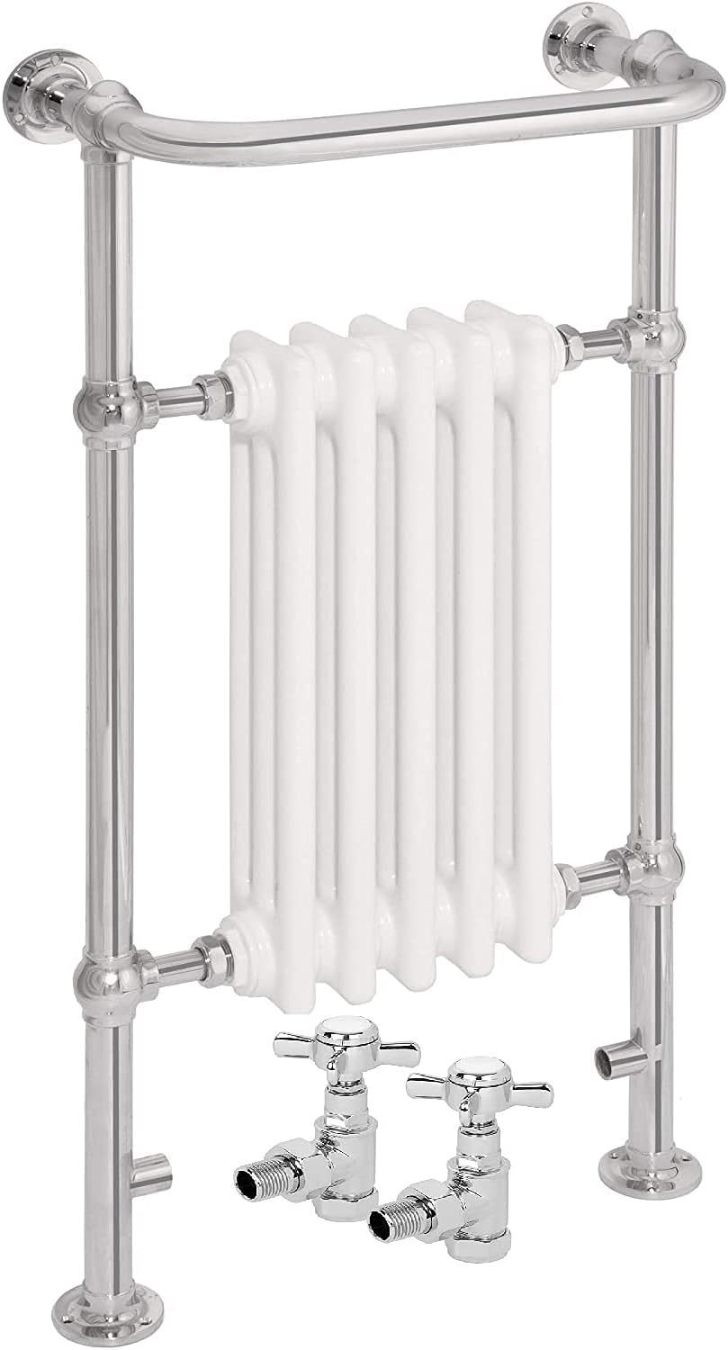 AQUAWORLD Traditional Victorian Style Heated Towel Rails for Bathroom with Radiator, Floor Mounted Towel Warmer Rack Chrome Finished 5 Column 952 X 500 X 225 MM with Valve (White).