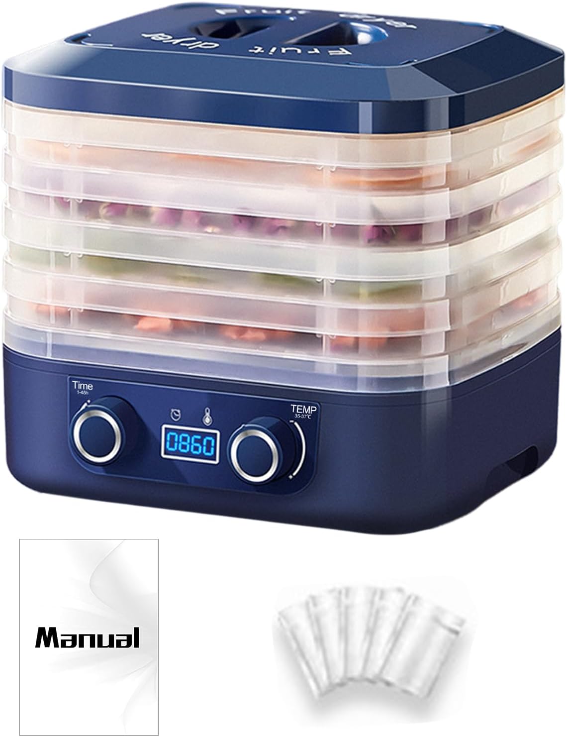 Fiauli Food Dehydrators, Fruit and Meat Dryer Machine with 5 Stackable Trays, Freeze Dryer Machine, Adjustable Temperature, for Fruit, Meat, Veggies, Pet Snacks, Herbs (Blue).