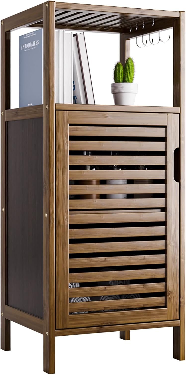 HITNET Bamboo Bathroom Storage Cabinet, Freestanding Floor Cabinet with Single Shutter Door and 4 Removable Hooks, Kitchen Side Table Organizer, Natural.