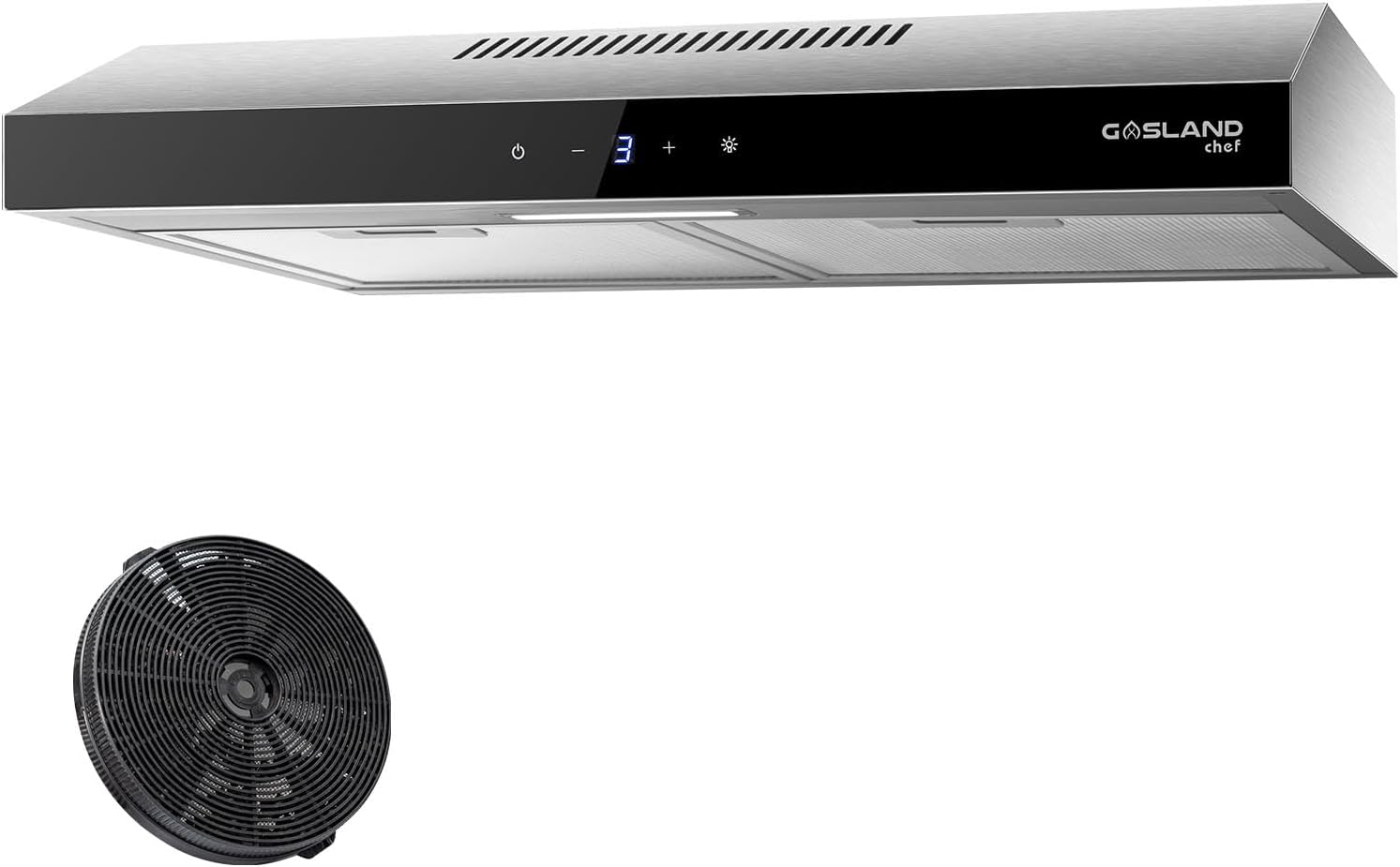 Gasland Chef SR60SS Visor Cooker Hoods 60cm, Quiet Cooker Hood Exhaust 202 m³/h with Carbon Recirculating, 3 Levels Touch Control Undercabinet Extractor Stainless Steel Silver Glass Screens.