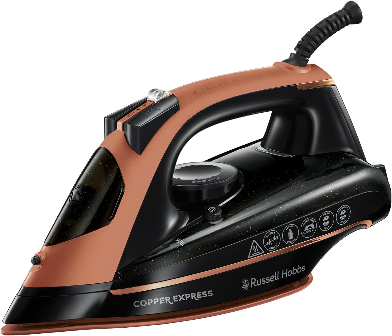 Russell Hobbs Steam Iron - Copper Infused soleplate, 150g Steam Shot, 40g Continuous Steam, Vertical steam function,Self-clean, Anti-calc and Anti-drip function, 2m cord, 2600W) Copper Express 23975.