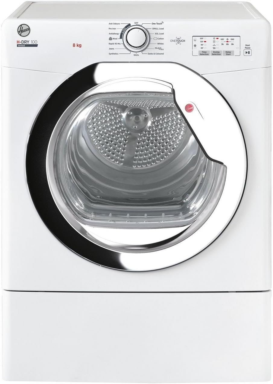 Hoover HLEV8LCG 8KG Vented Freestanding Tumble Dryer - White with Chrome Door - 4 Drying Levels - 14 Programmes.