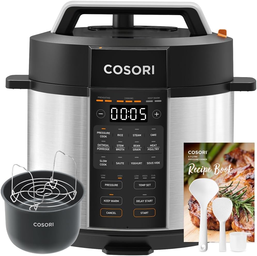 COSORI Pressure Cooker 5.7L, 70% Faster, 65+ Recipes(Cookbook & Online), 13 Presets, 9-in-1 Multi Cooker(Slow & Rice Cooker, Sous vide, Cake & Yoghurt Maker, Steamer, etc.), Non-Stick.