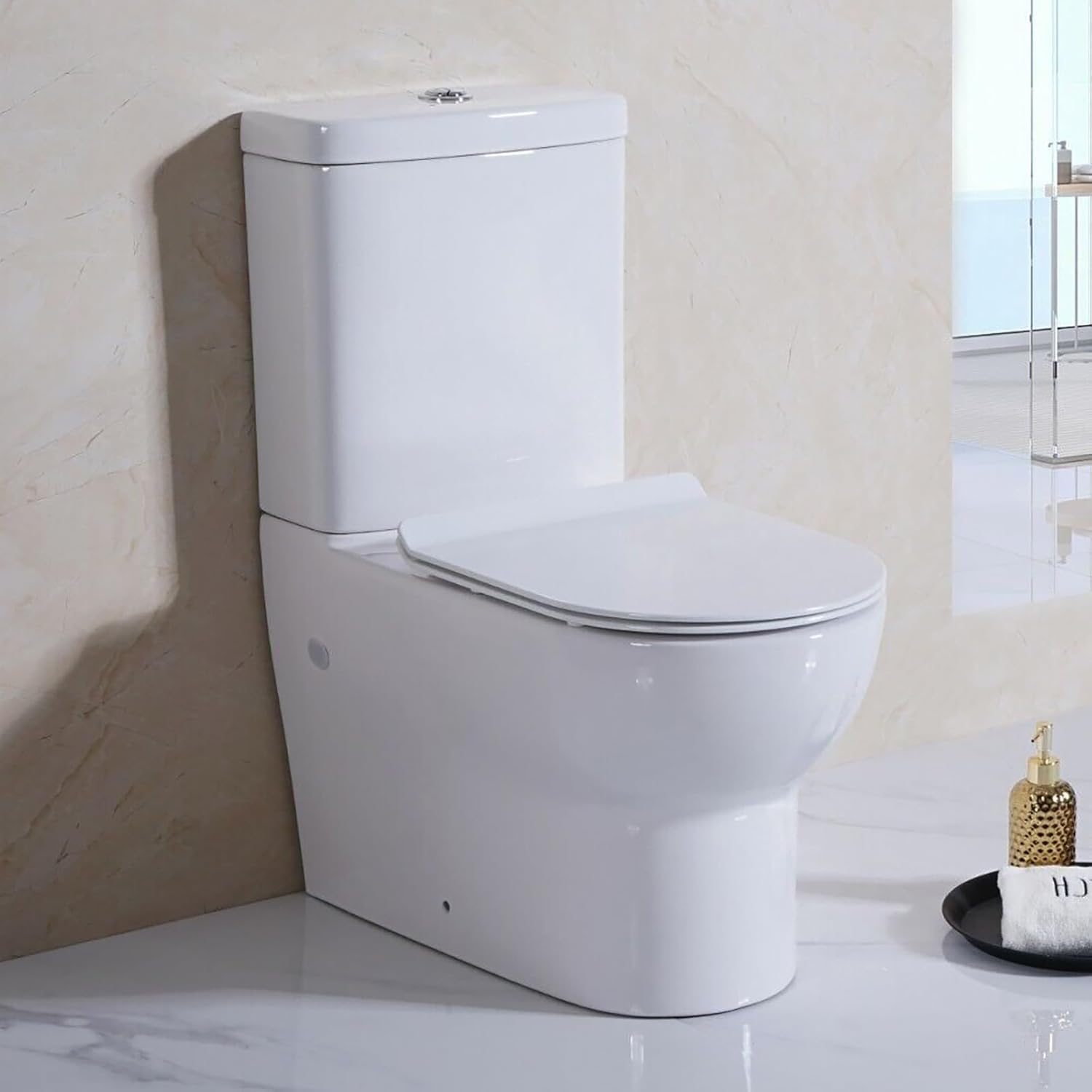 Close Coupled Toilet Back to Wall Soft Closing Seat (Close Coupled Toilet WC D Shape White Back to Wall Soft Close Seat Modern Design).