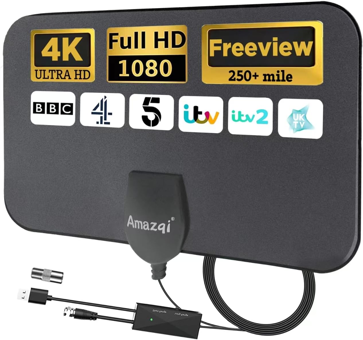 TV Aerial Indoor 250+ Miles Long Range, 4K Digital TV Aerial for Freeview TV, TV Antenna with 5M Cable for Local Channels.