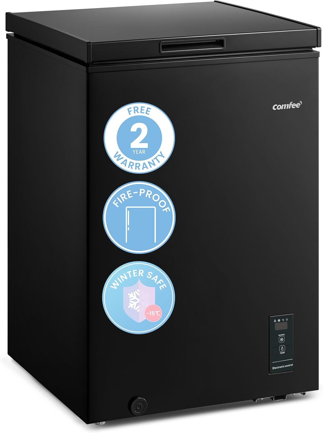 COMFEE' RCC100BL2(E) 99L Freestanding Chest Freezer with Digital Temperature Control, 4 Star Freezer Rating, Suitable for Outbuildings, Garages and Sheds,Black [Energy Class E].