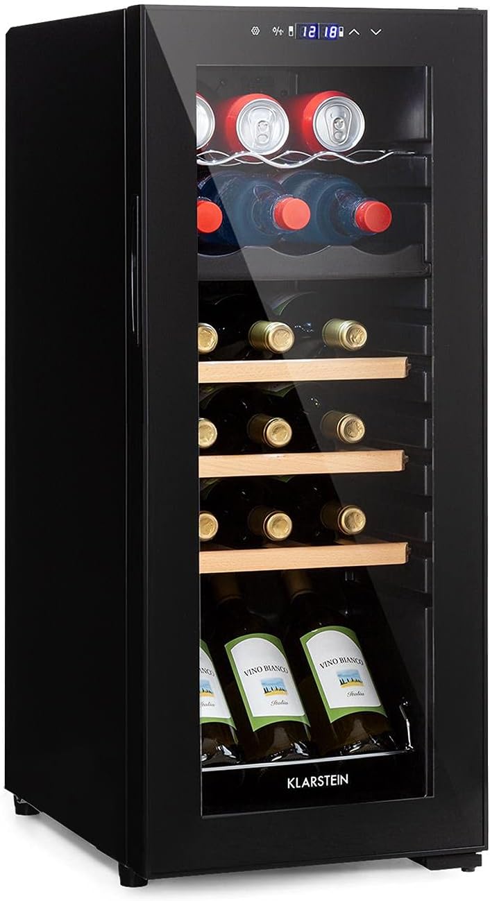 Klarstein Bovella Duo+ Two-Zone Wine Cooler - Wine Refrigerator, Beverage Refrigerator, Two Separate Cooling Zones, Glass Door, Compact Dimensions, Stylish, Capacity: 50 litres / 18 Bottles.