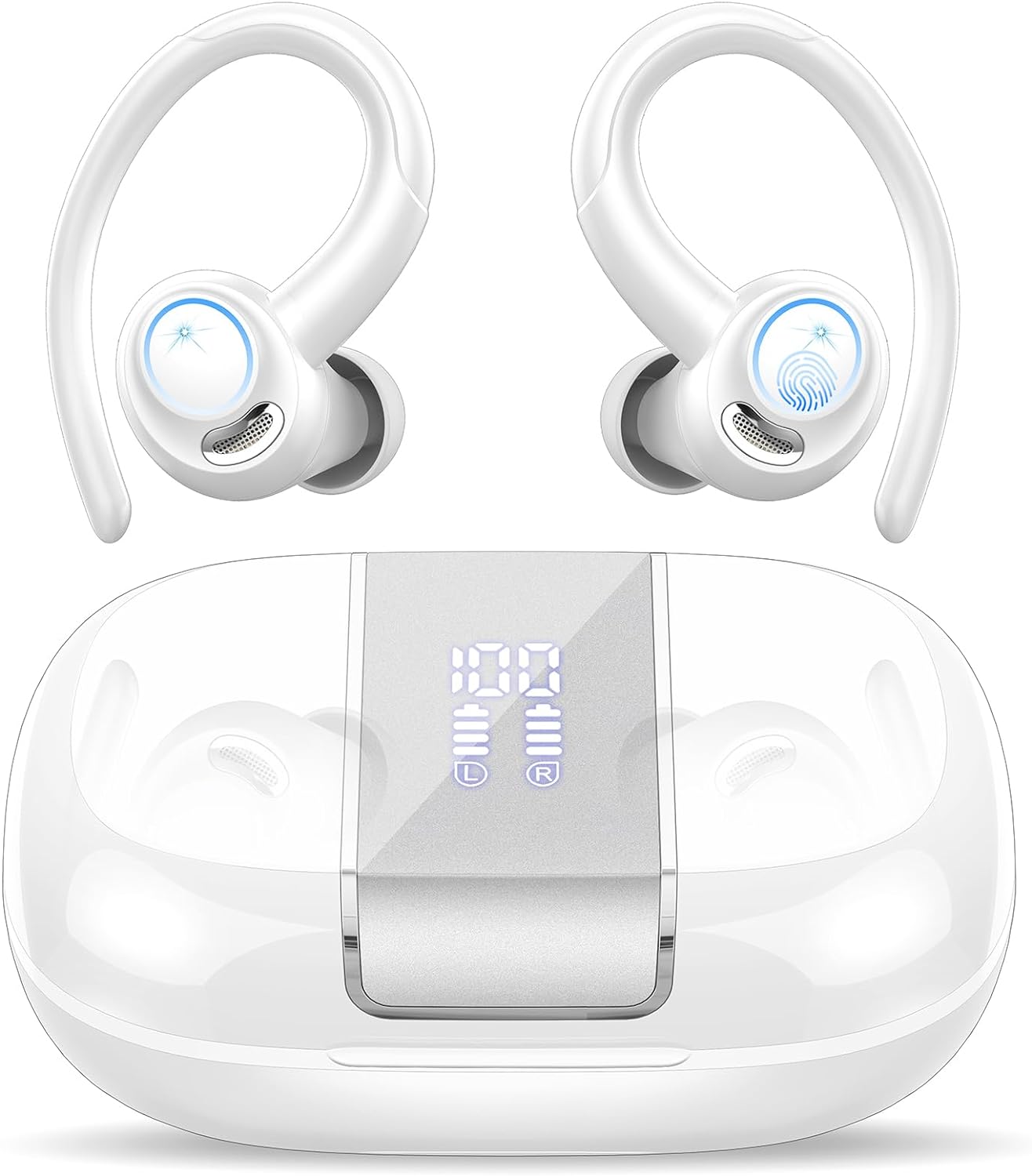 Csasan Wireless Earbuds, Bluetooth 5.3 Headphones with ENC Noise Canceling Mic, 3D Stereo Wireless Earphones, 48H LED Display Ear buds with Earhooks, IPX7 Waterproof for Sport/Running/Gym/White.