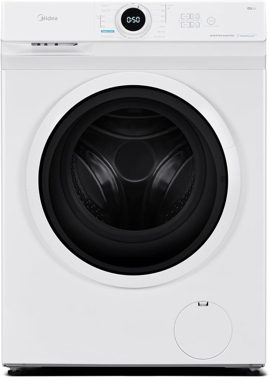 Midea MF20EW90WB Freestanding Washing Machine, BLDC Motor, Bright LED Display Lunar Dial, Steam, Allergy Care, Half-Load, Add Garment, Delay Start, Child Lock, App Control, 9 kg White.