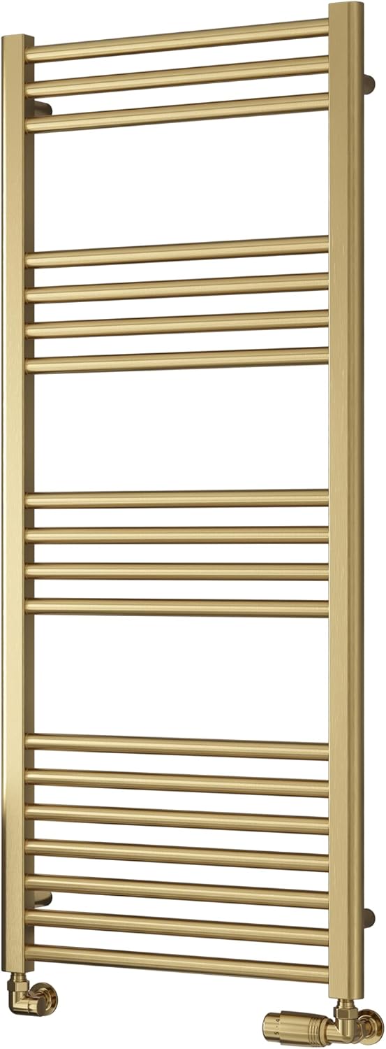 Reina Straight Heated Towel Rail Modern Ottone Wall Mounted Towel Radiator, Flat Central Heating Steel Ladder Brushed Brass Finish Bathroom Accessories Stratight Bath Towel Rack - 500mm x 1200mm.