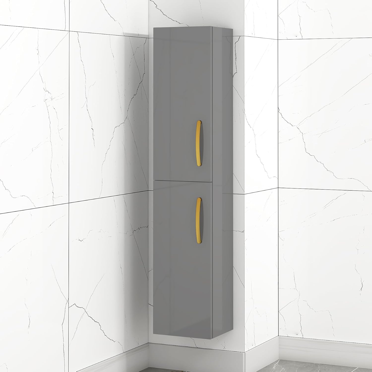 Turin 1450mm Grey Elm 2 Door Wall Hung Tall Boy Bathroom Cabinet Storage Unit Gold Handle.