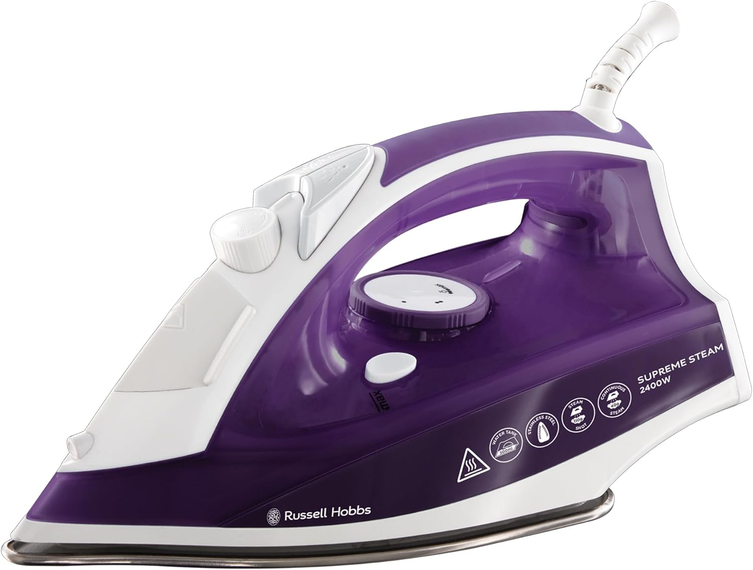 Russell Hobbs Supreme Steam Iron, Powerful vertical steam function, Non-stick stainless steel soleplate, Easy fill 300ml Water Tank, 110g Steam Shot, 40g Continuous steam, 2m Cord, 2400W, 23060.