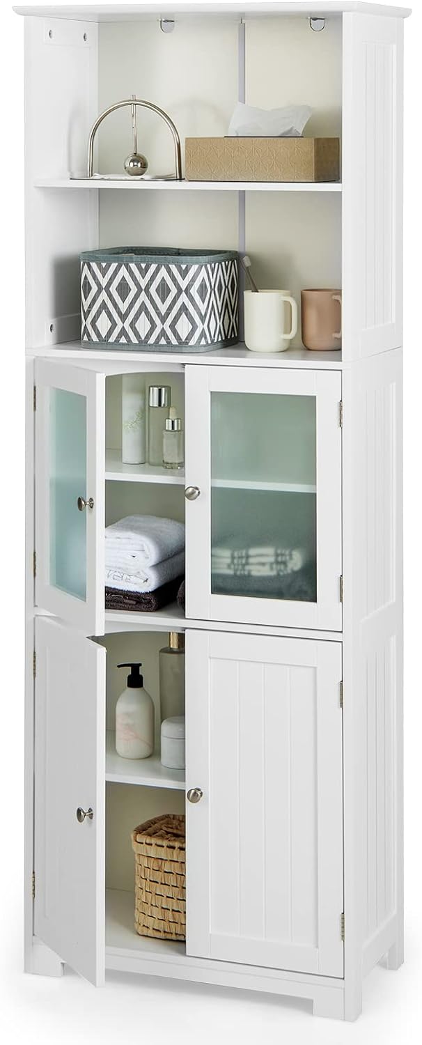 CASART Bathroom Floor Cabinet, Wooden Storage Cupboard with Adjustable Shelf & Doors, Freestanding Side Cabinet Storage Organizer for Bathroom Kitchen Living Room (Without 2 Open Shelves, White).