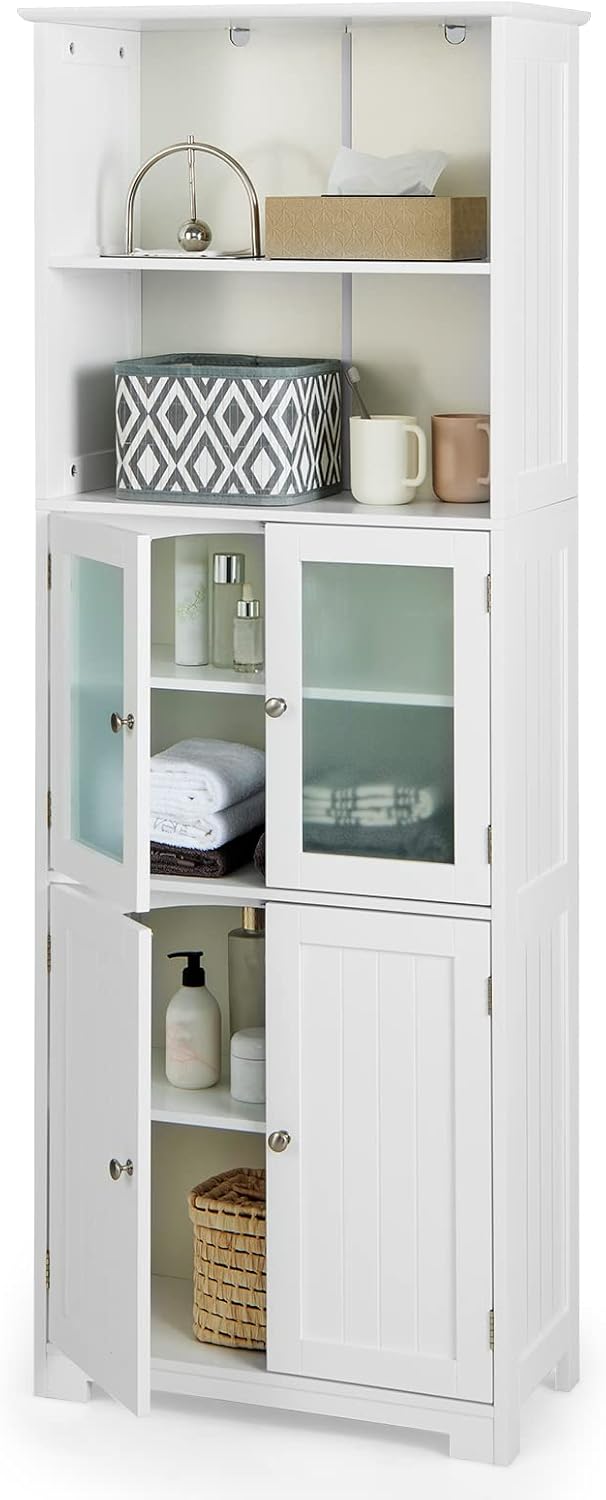 CASART Bathroom Floor Cabinet, Wooden Storage Cupboard with Adjustable Shelf & Doors, Freestanding Side Cabinet Storage Organizer for Bathroom Kitchen Living Room (Without 2 Open Shelves, White).