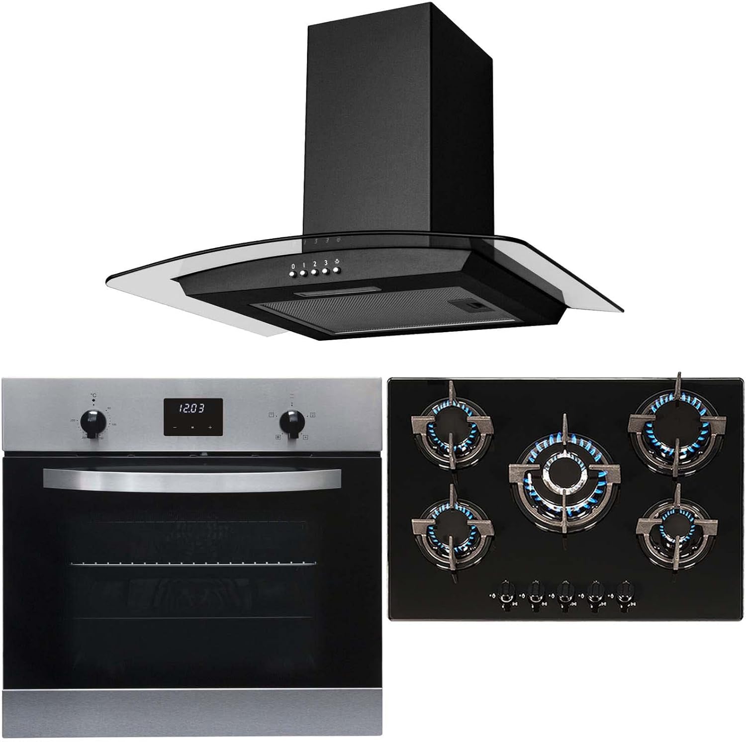 SIA Stainless Steel Single Electric Oven, 70cm 5 Burner Gas Hob & Curved Hood.