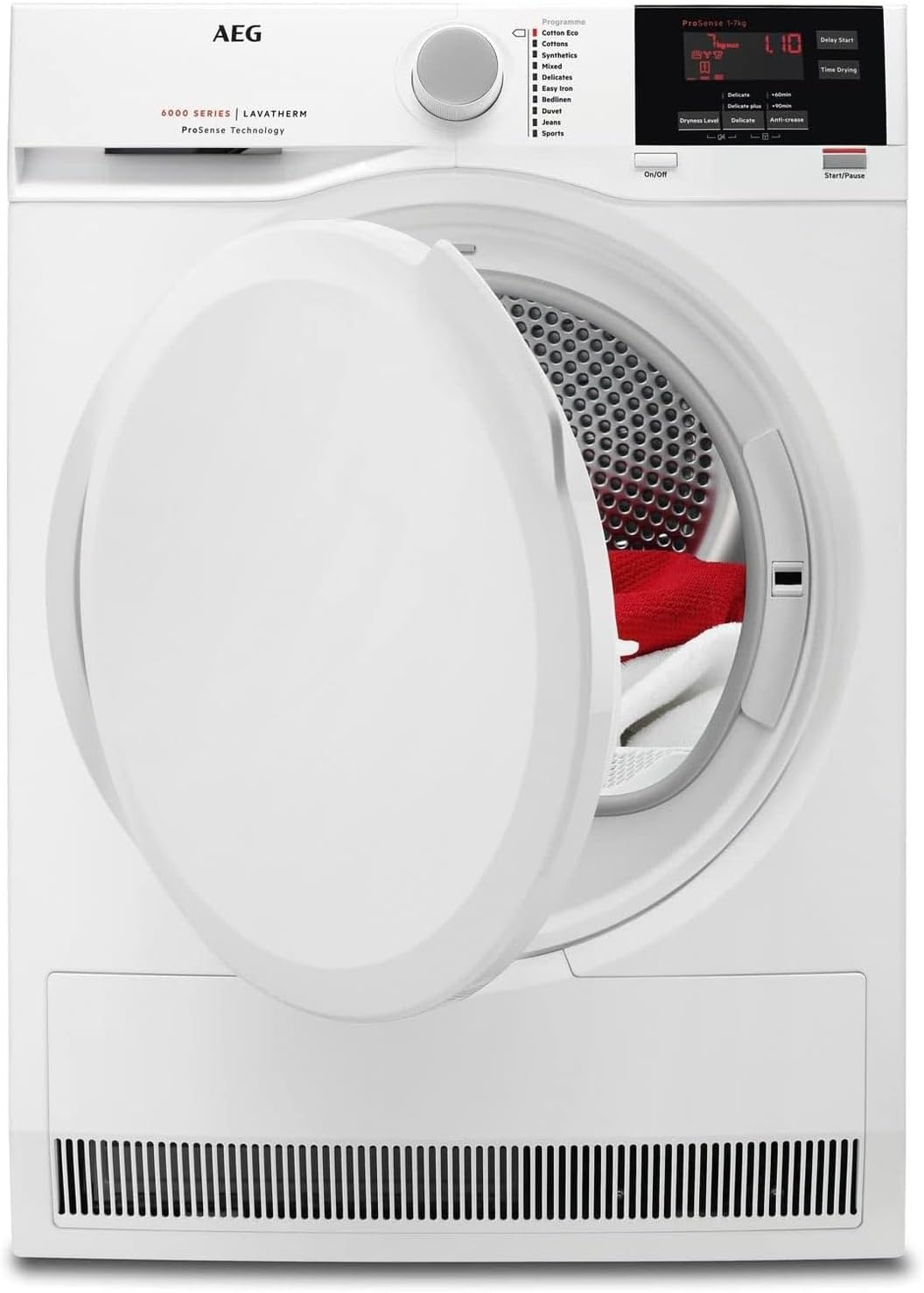 AEG T6DBG720N, 6000 ProSense Condenser, 7Kg Tumble Dryer, Freestanding, Delay start option, Sensor dryer, Reverse Tumbling, 1400 RPM, 66 Decibels, ‎2800 W, White.