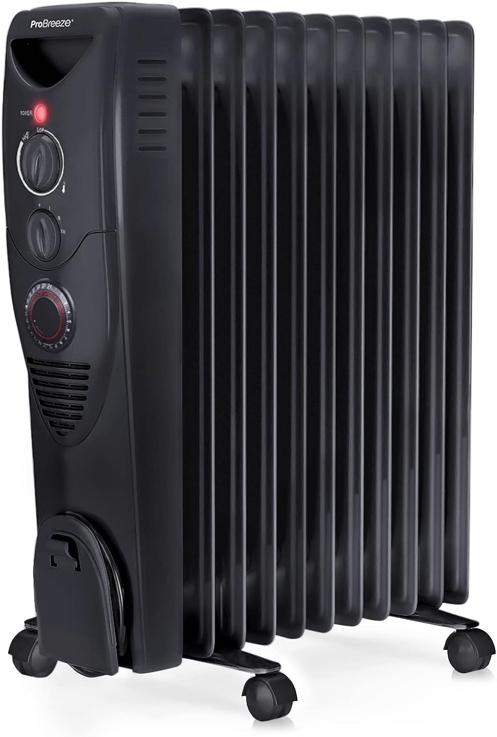 Pro Breeze® 2500W Oil Filled Radiator, 11 Fin - Portable Electric Heater - Built-in Timer, 3 Heat Settings, Adjustable Thermostat, Safety Cut-Off & 24 Hour Timer - White.