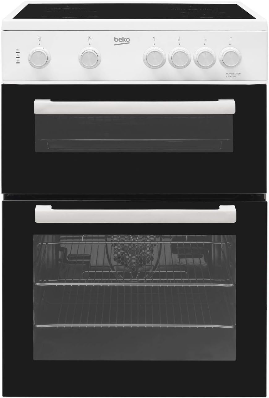 Beko KTC611W 60cm A Rated Twin Cavity 4 Burners Ceramic Electric Cooker in White.