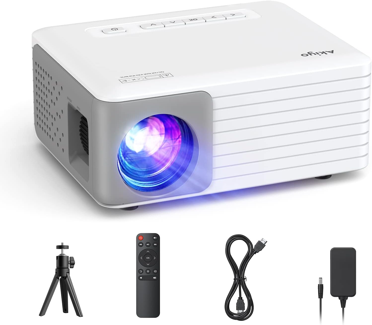 Mini Projector, AKIYO O1 Portable Projector with Tripod, 65000 Hours Multimedia Home Theater Movie Projector, Phone Projector Compatible with iOS/Android/HDMI/PC/TV Stick/USB/PS54.