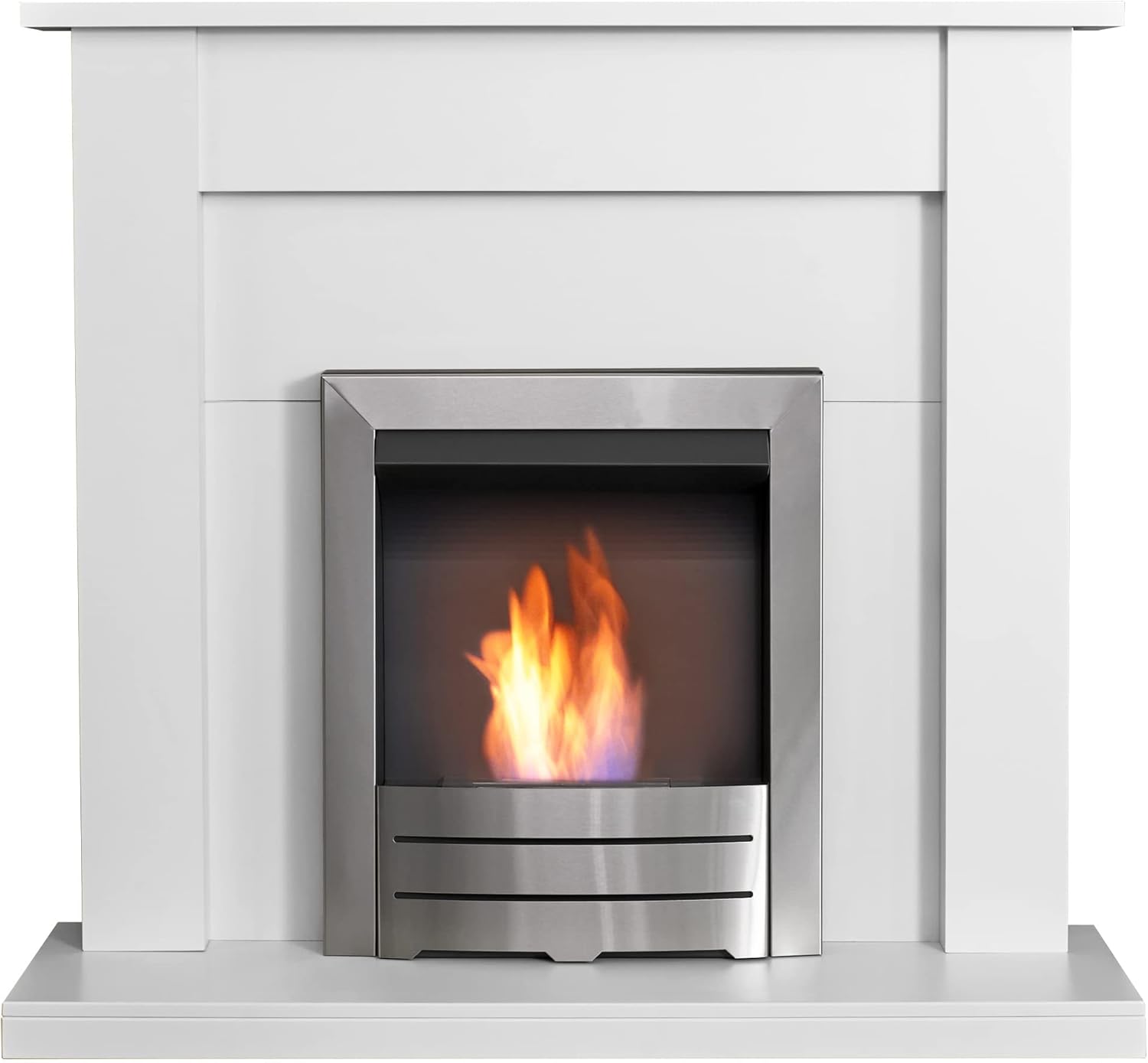 Adam Sutton Fireplace in Pure White with Colorado Bio Ethanol Fire in Brushed Steel, 43 Inch.