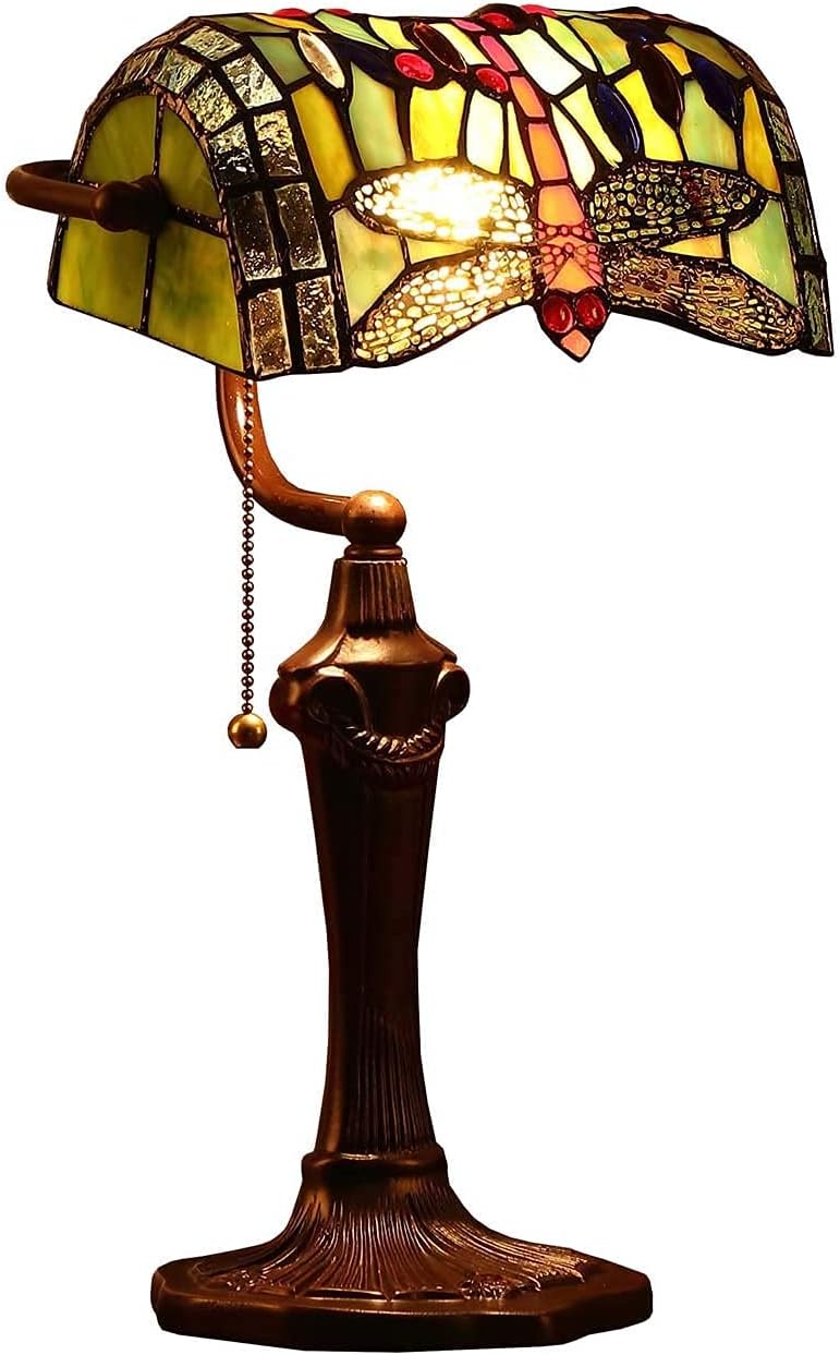 Bieye L30058 Dragonfly Tiffany Style Stained Glass Banker Table Lamp with 10-inch Wide Lampshade and Zinc Base for Reading Working Desk (Green).