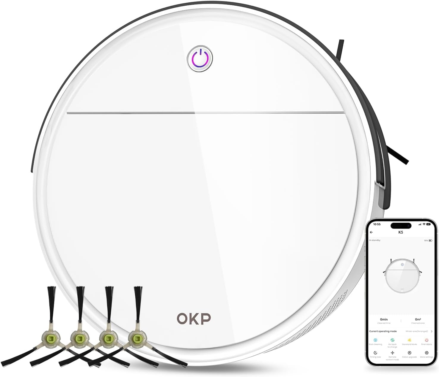 OKP Robot Vacuum Cleaner, 3000Pa Suction Robotic Vacuums, Tangle-Free, 150 Mins Runtime, Precise Obstacle Detection, Smart Self Charging Vacuum Robot, Ideal for Pet Hair/Hard Floor/Low Pile Carpet.