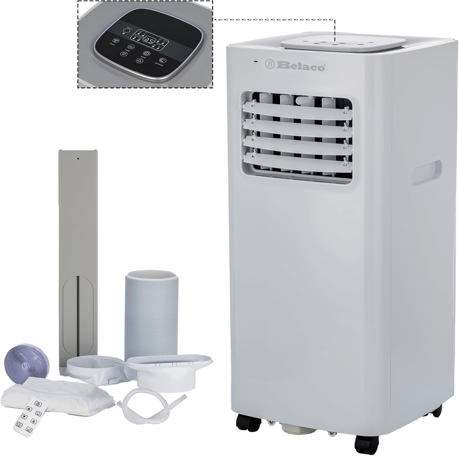 Belaco Air Conditioning Unit, Portable Air Conditioner 9000BTU 4-in1 Dehumidifier, Cooling Fan with 2 speeds, Digital & Remote Control, Dual window Kit, 24H timer.