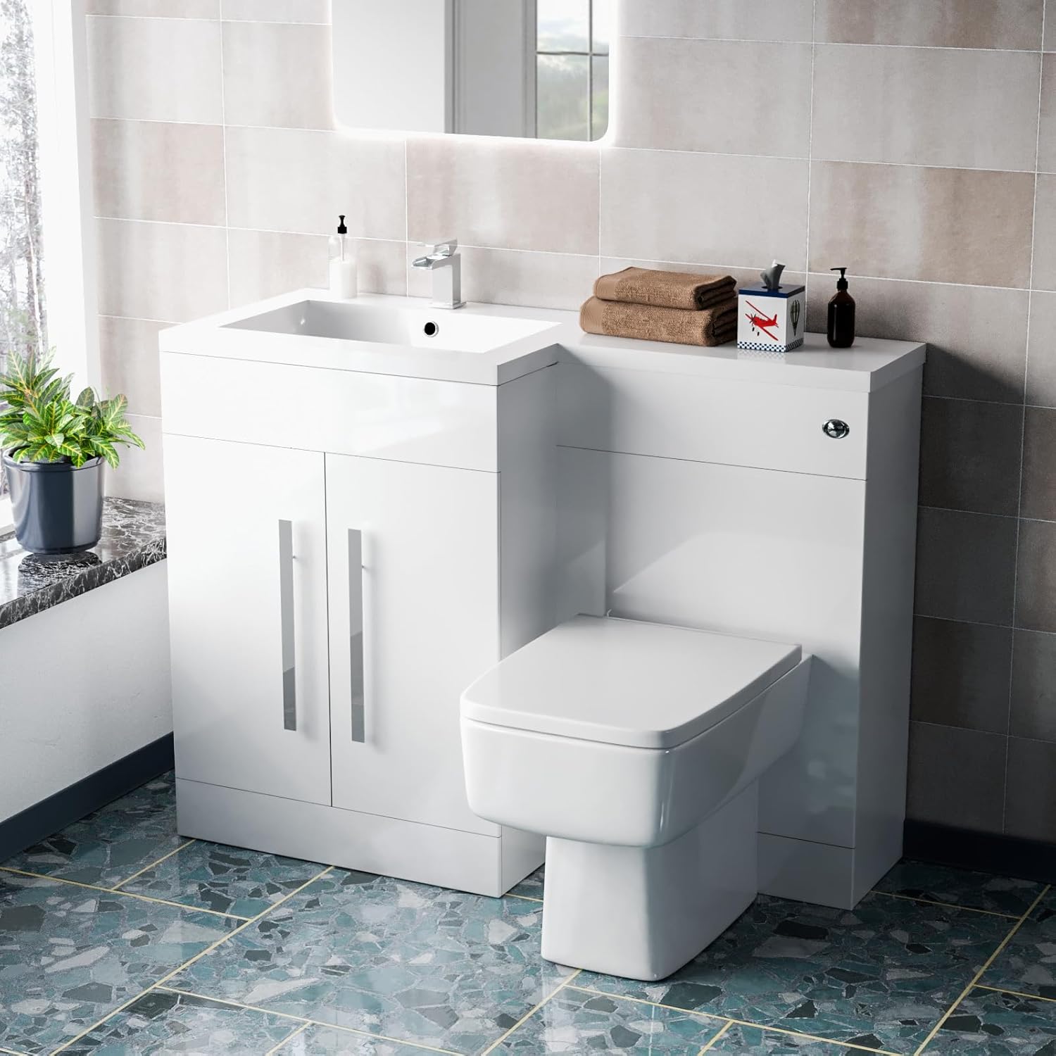 Nes Home Aric 1100mm LH Freestanding White Basin Vanity Unit with WC Unit & BTW Toilet.