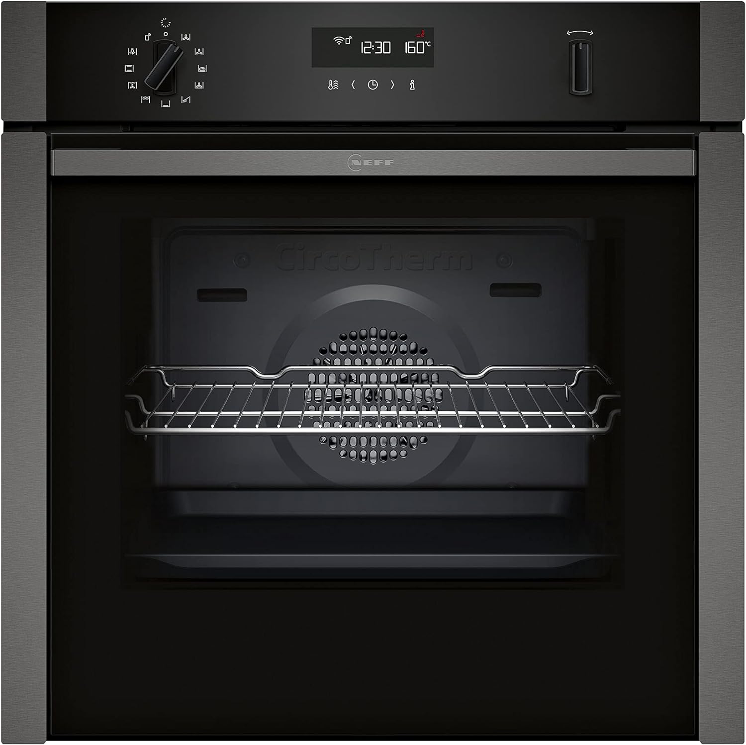 NEFF N50 B6ACH7HG0B Single Oven with Slide and Hide (fixed handle), Pyrolytic Self Cleaning, Circotherm, Wifi Connected via Home Connect, Integrated, Graphite-Grey.