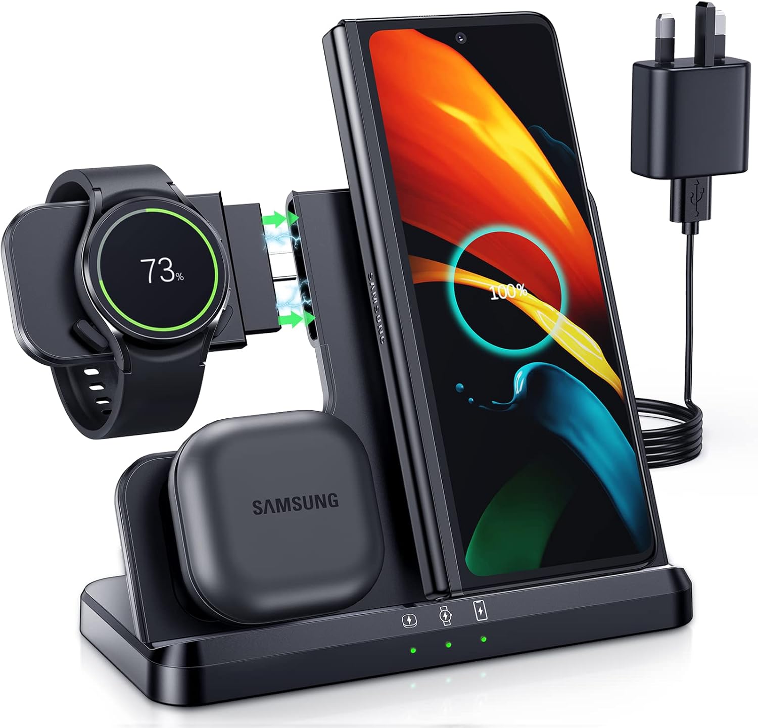 LK Wireless Charger for Samsung 3 in 1 Wireless Charging Station Compatible for Galaxy Watch 7/6/5/4/3/Active 2/1 Galaxy Buds 3/3 Pro Z Flip Fold 6/5/4 Samsung S24 S23 S22 S21 Ultra Plus FE Note 20