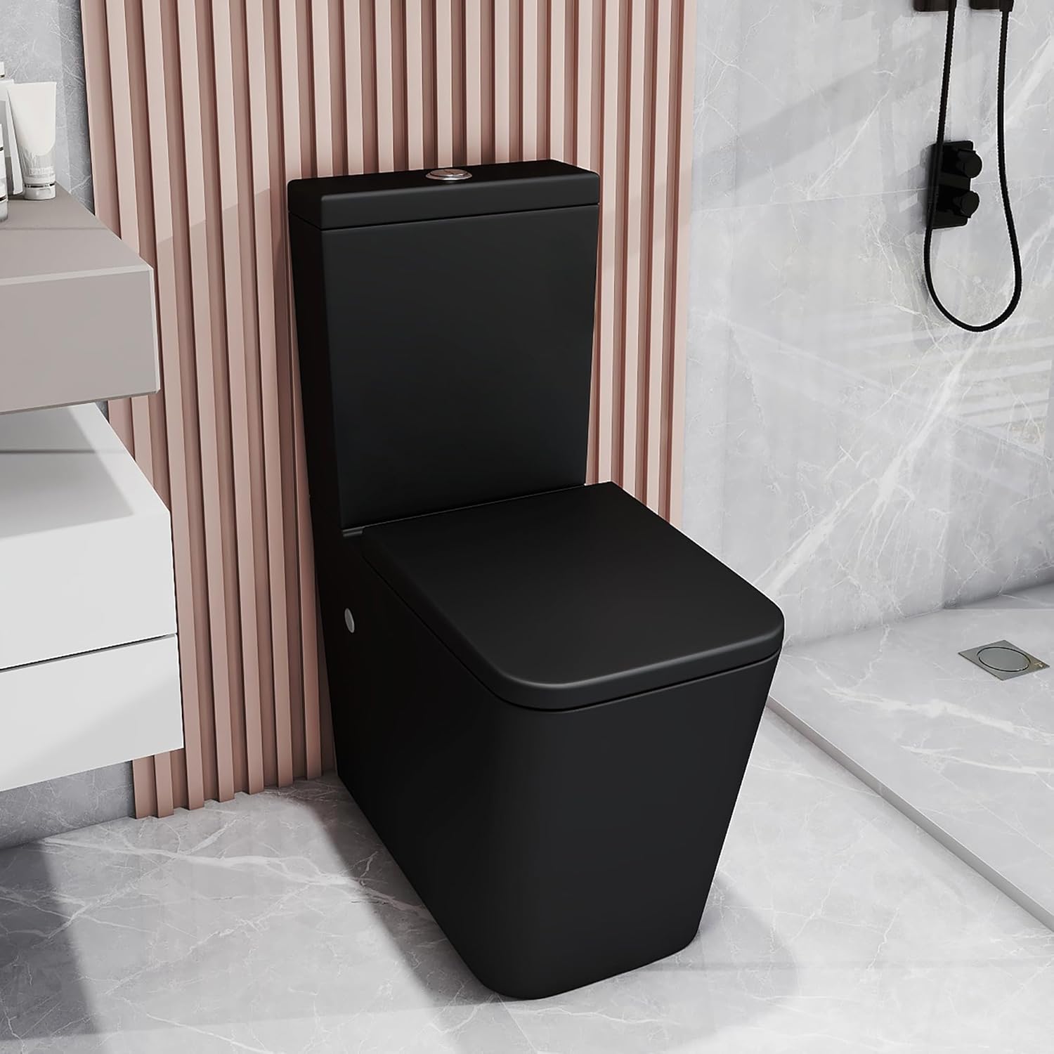 Robanmoa Matt Black Rimless Close Coupled Toilet Back to Wall Bathroom Toilet Ceramic WC Pan with Soft Close Seat Dual Flush Cistern Modern Square Comfort Height Toilets.