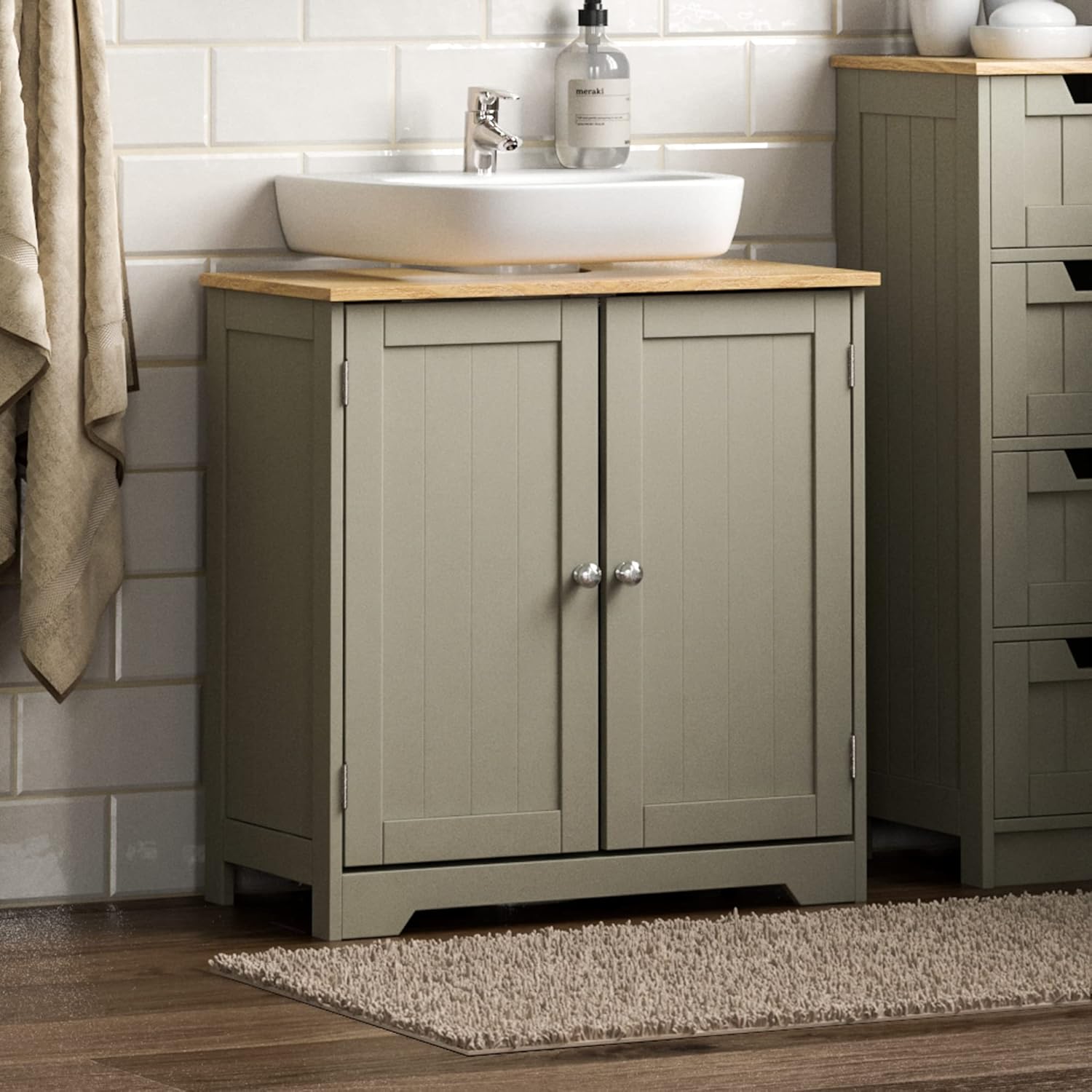 Bath Vida Priano Under Sink Bathroom Cabinet Floor Standing Storage Cupboard Basin Unit, Grey & Oak.