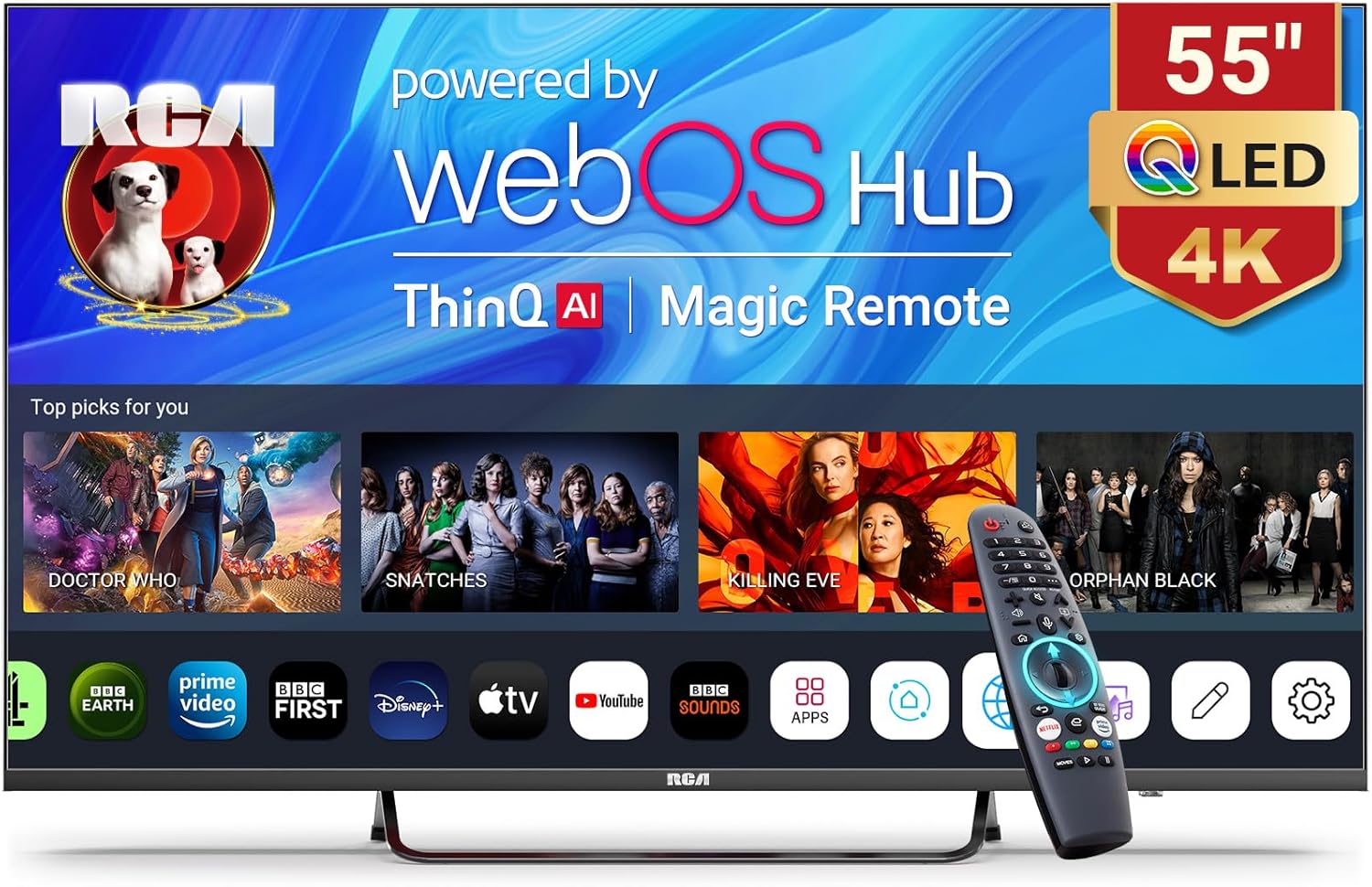 RCA Web OS TV 55-inch QLED 4K UHD Smart TV, MEMC HDR10 ThinQ AI, Voice Magic Remote Dolby Audio