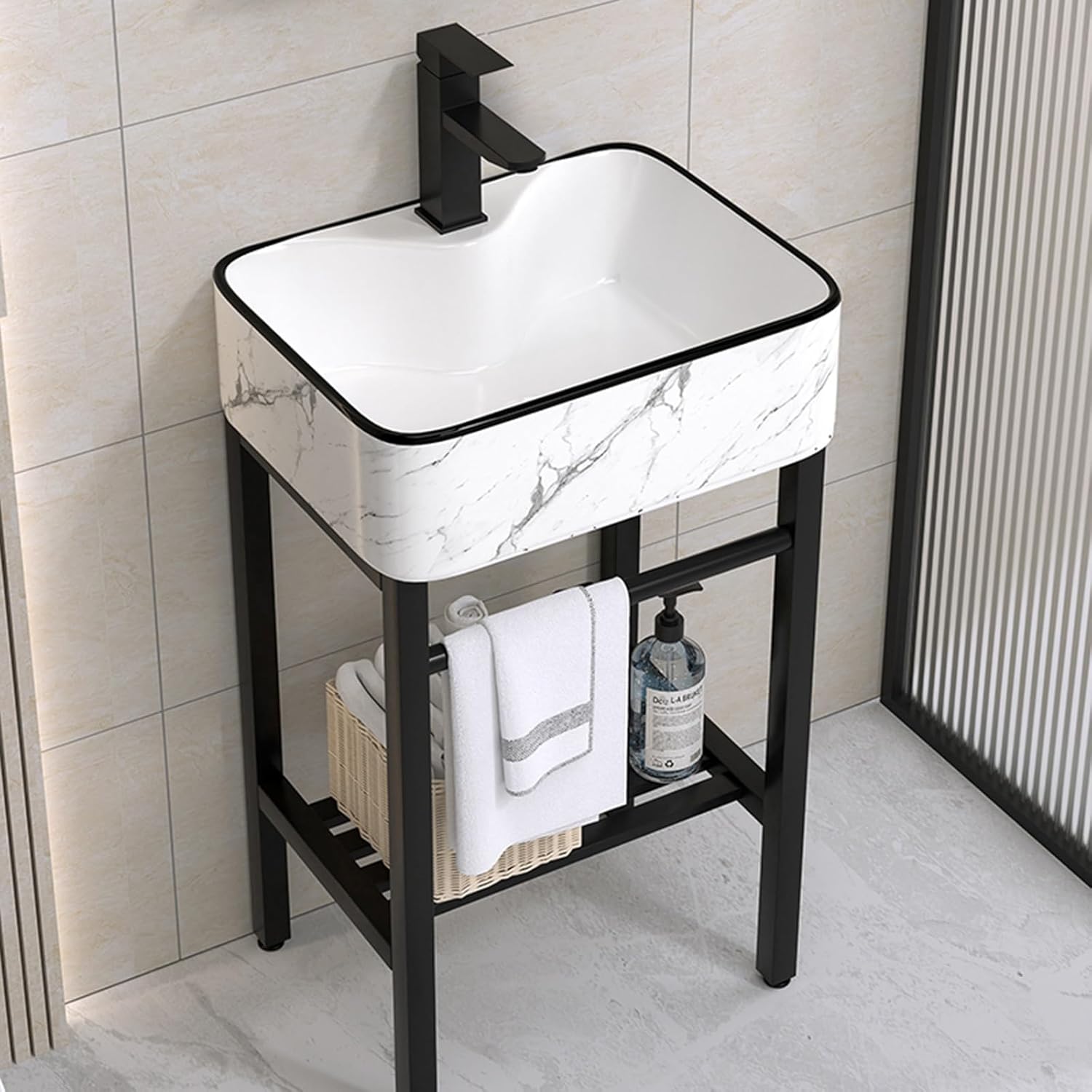 Bathroom Vanity Sink Console with Metal Legs Free Standing Ceramic Laundry Tub Station Hand Washing Basin Sinks Porcelain Vessel Basin with Storage Shelf for Farmhouse Pedestal Sink.