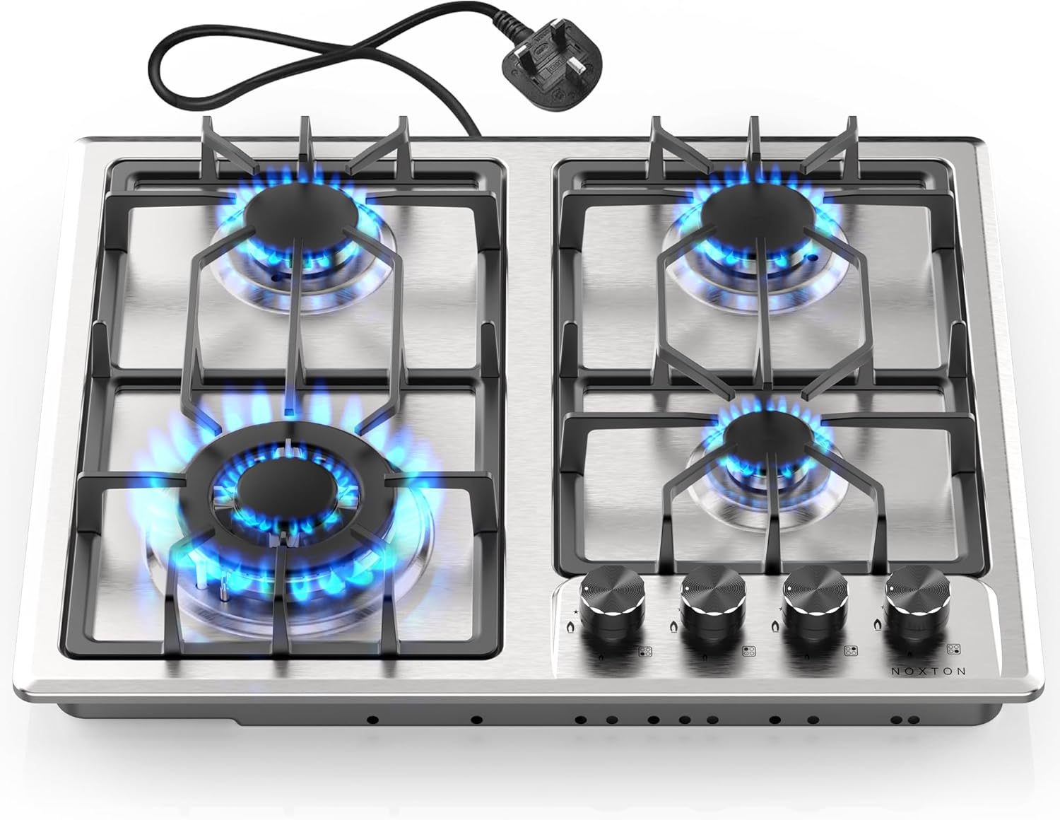 Noxton Gas Hob 4 Burner, Built-in Gas Cooker Plug & Go, Stainless Steel Easy to Clean, Cast Iron Pan Support, Flame Out Protection Prevent Gas Leakage, LPG/NG Kit, 59cm x 51cm.