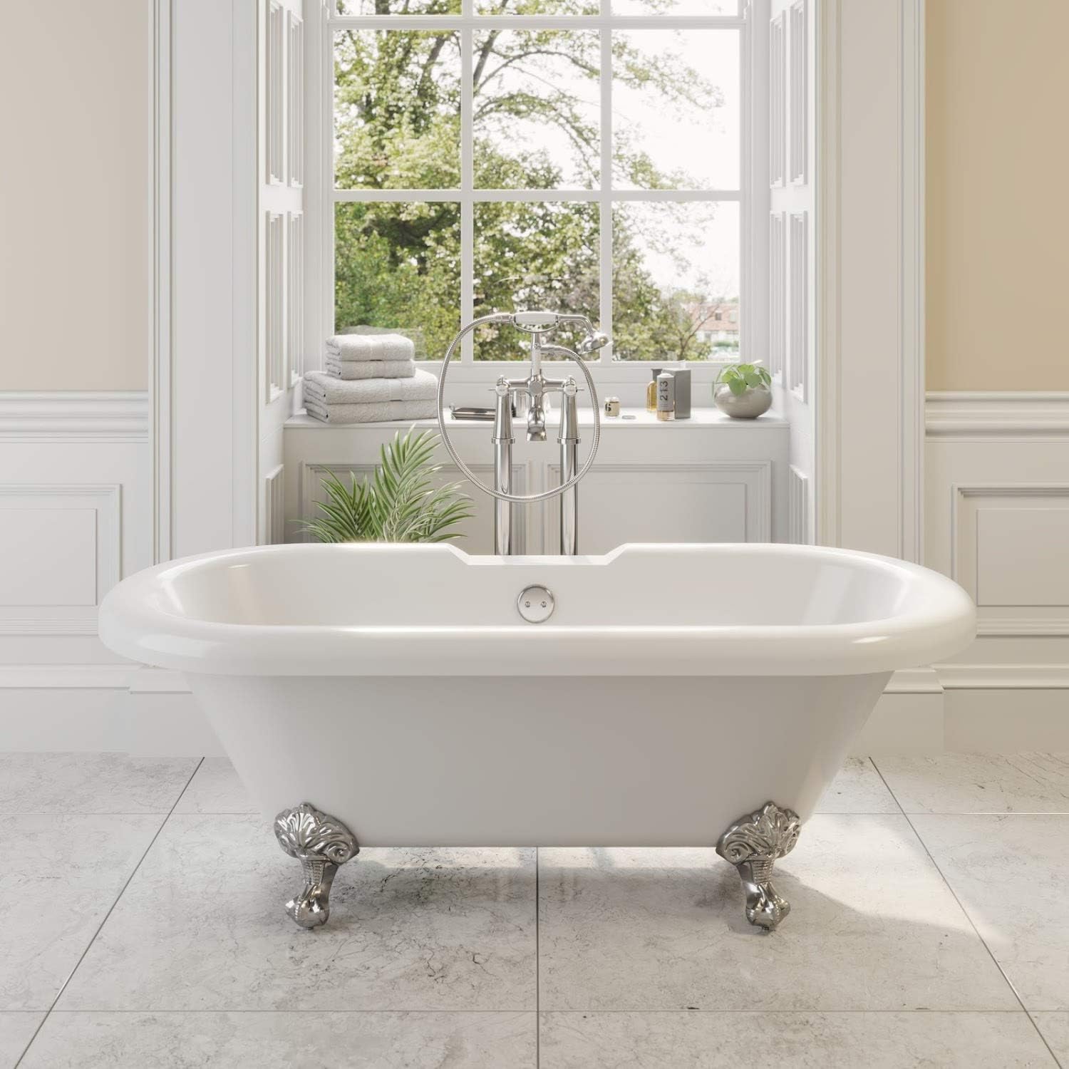 Freestanding Traditional 1500mm Double Ended Roll Top Bath with Ball Style Legs White Acrylic.