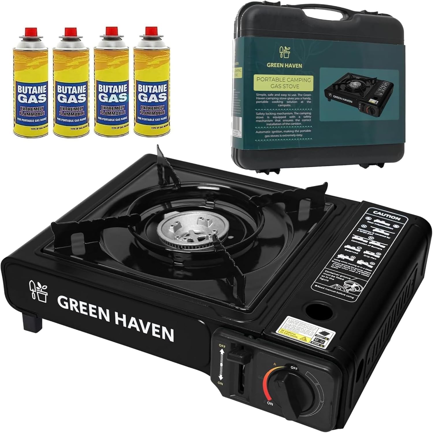 GREEN HAVEN Black Portable Camping Stove with Cary Case & 4 Butane Gas | Premium Camping Gas Stove |EN417 Compliant Camping Stove Gas Portable |Gas Camping Stove (Black, Stove + 4 Gas).